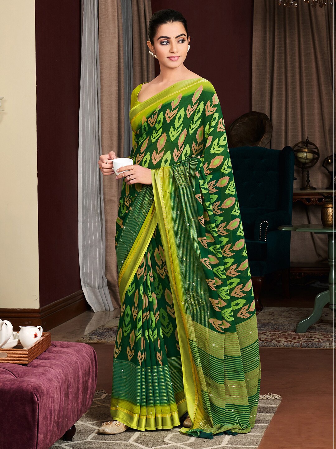 

Saree mall Green & Gold-Toned Bagh Silk Blend Bagh Sarees