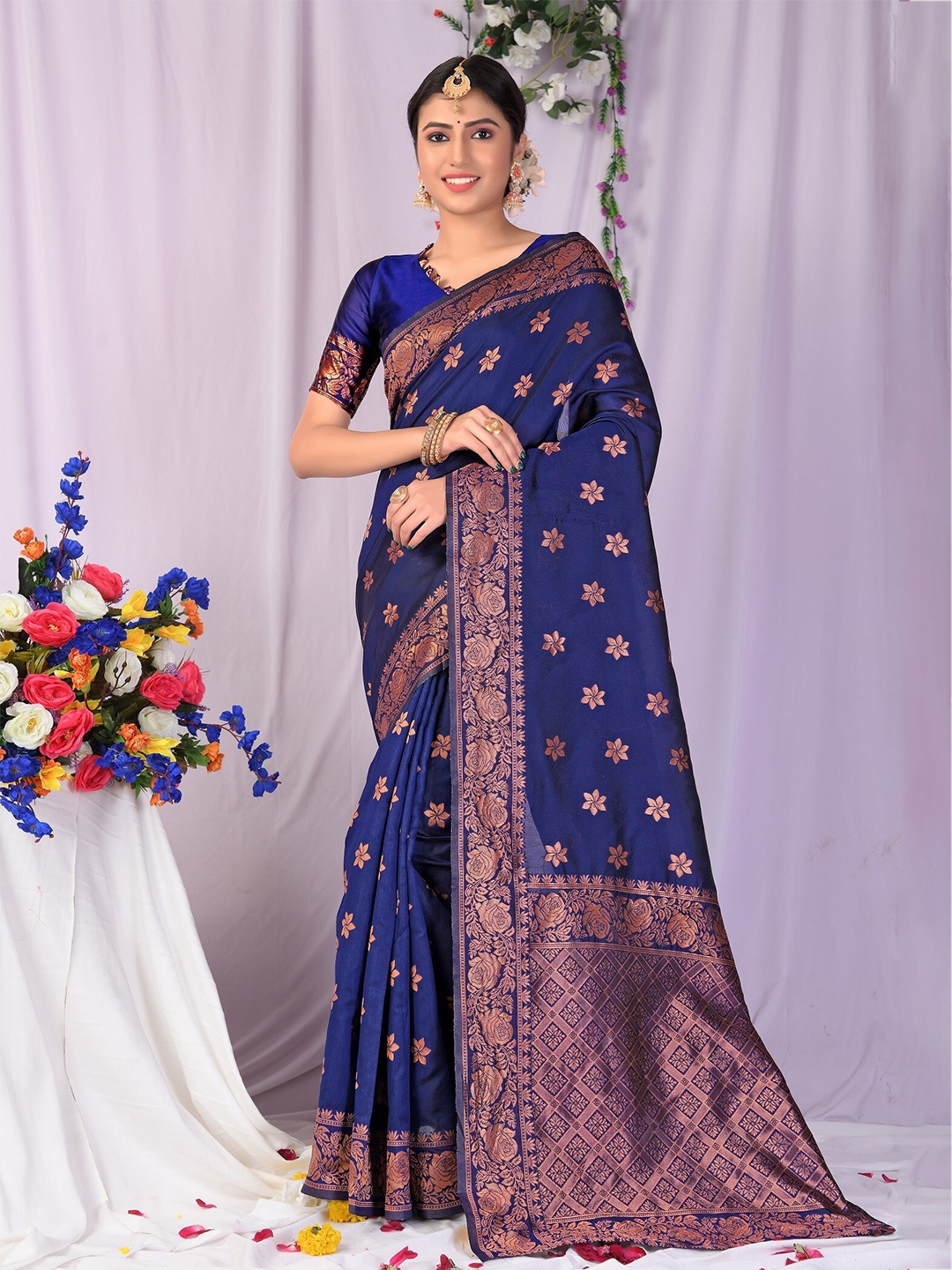 

Fashion Booms Blue & Copper-Toned Woven Design Zari Pure Silk Kanjeevaram Saree