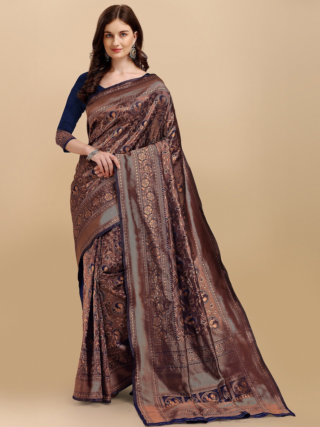 

Fashion Booms Copper-Toned & Blue Woven Design Zari Pure Silk Banarasi Saree