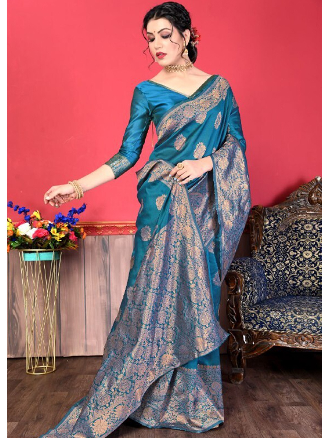 

Fashion Booms Teal & Gold-Toned Woven Design Zari Pure Silk Kanjeevaram Saree