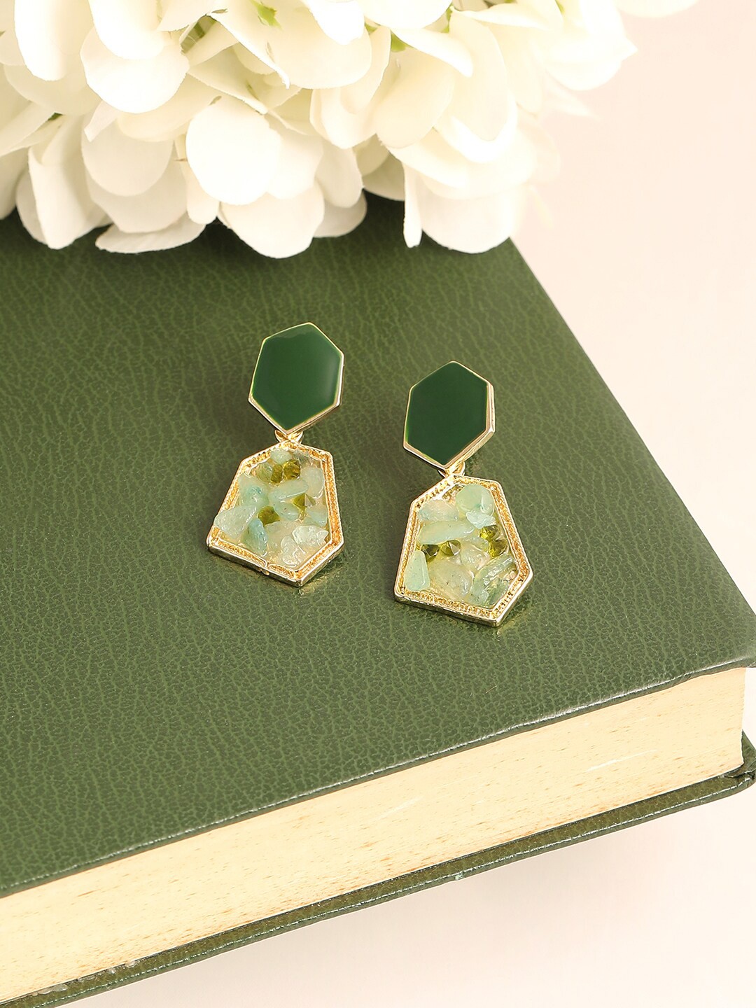 

SOHI Green Gold Plated Contemporary Drop Earrings