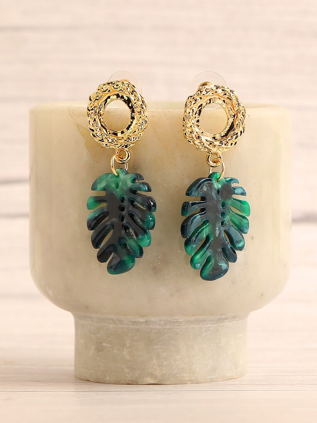 

SOHI Green Gold Plated Contemporary Drop Earrings