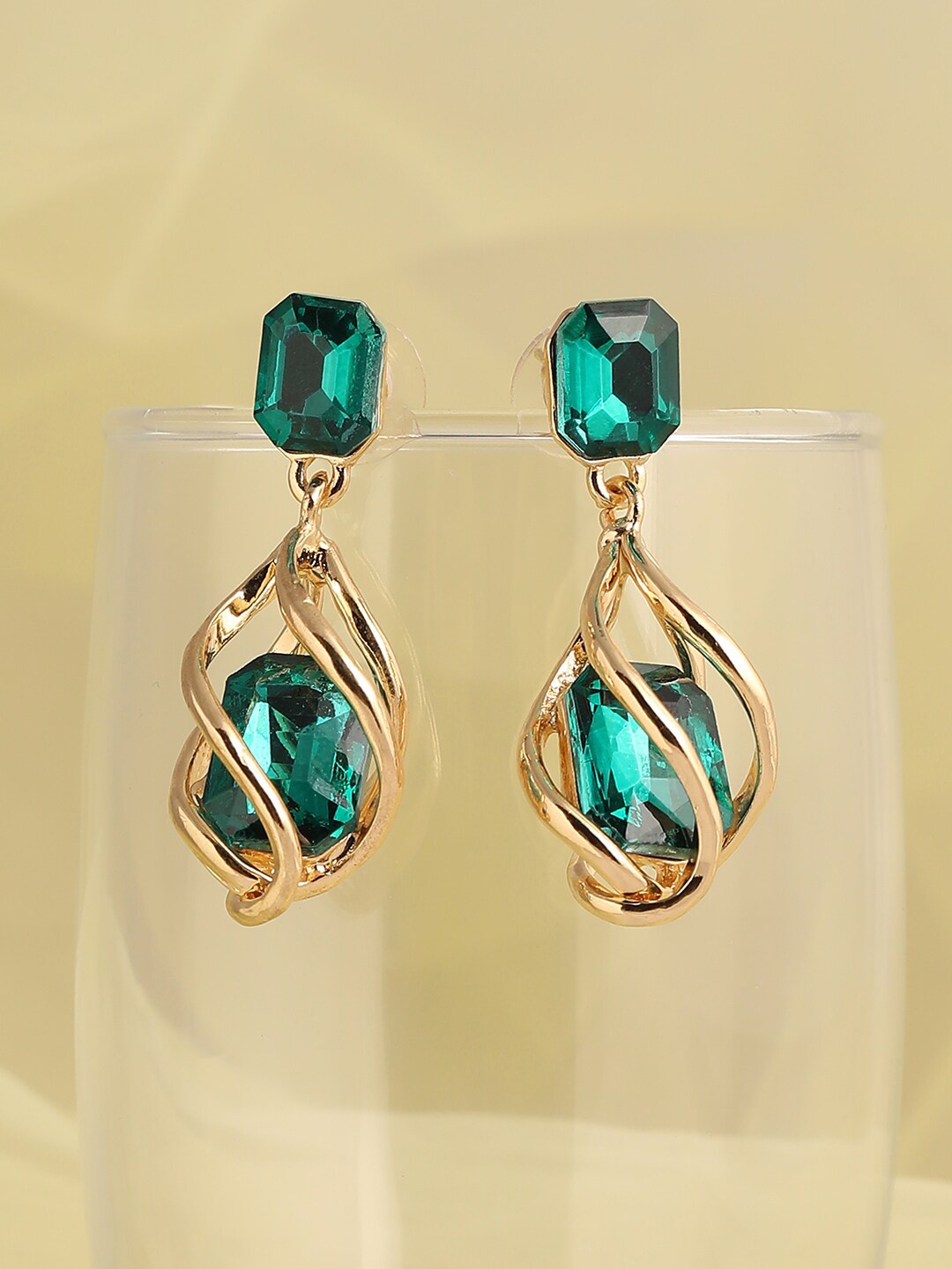 

SOHI Green & Gold Plated Contemporary Drop Earrings