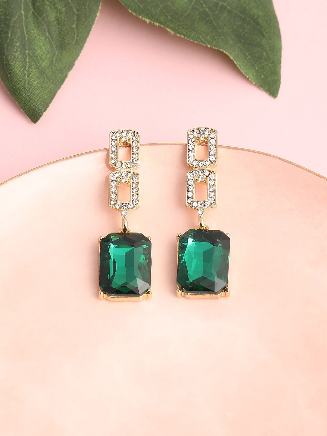 

SOHI Green & Gold-Plated Contemporary Drop Earrings