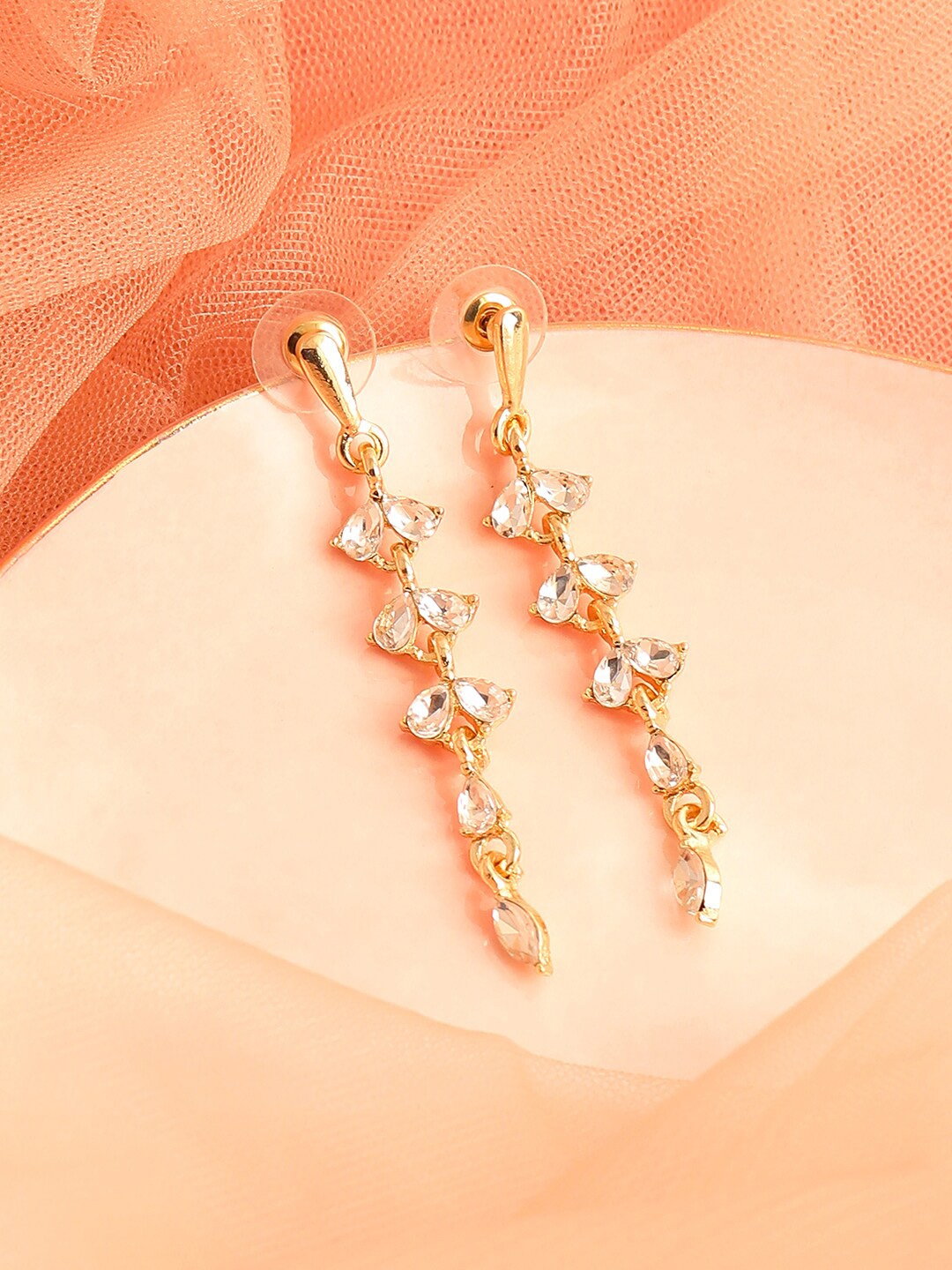 

SOHI Gold-Toned & White Stone Contemporary Gold-Plated Drop Earrings