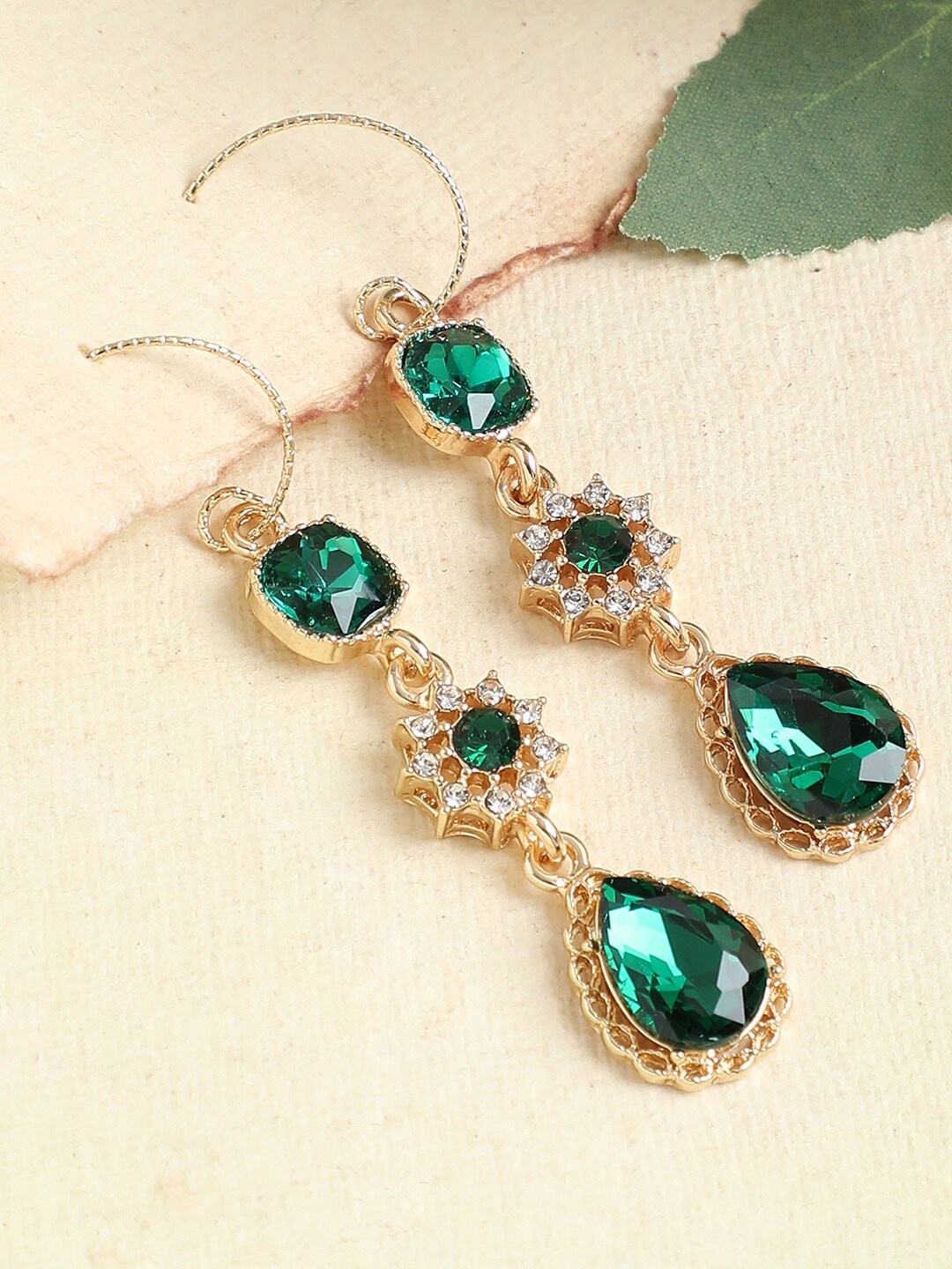 

SOHI Green Gold Plated Contemporary Drop Earrings