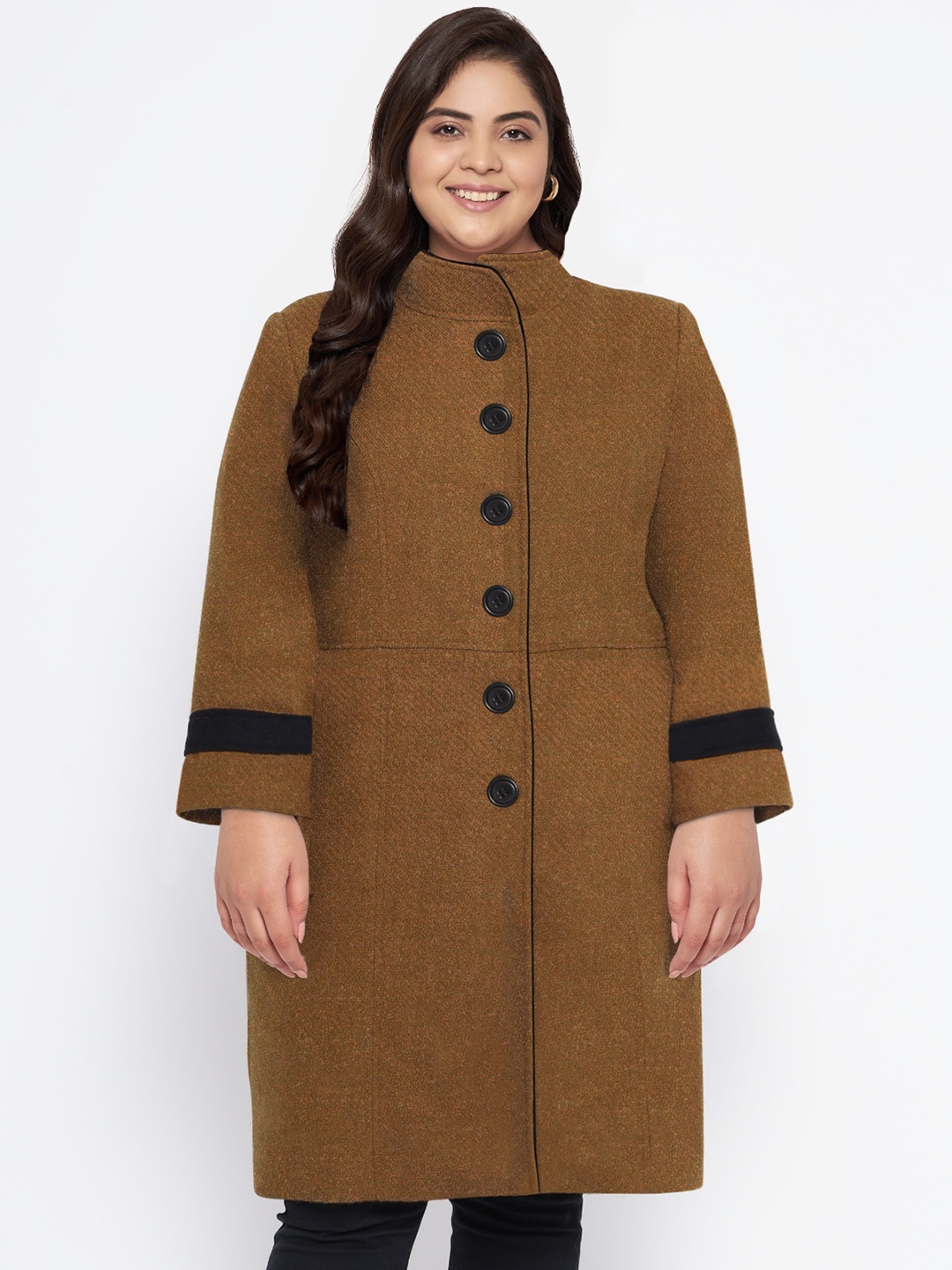 

wild U Women Brown Solid Plus Size High Collar Pure Wool Coat