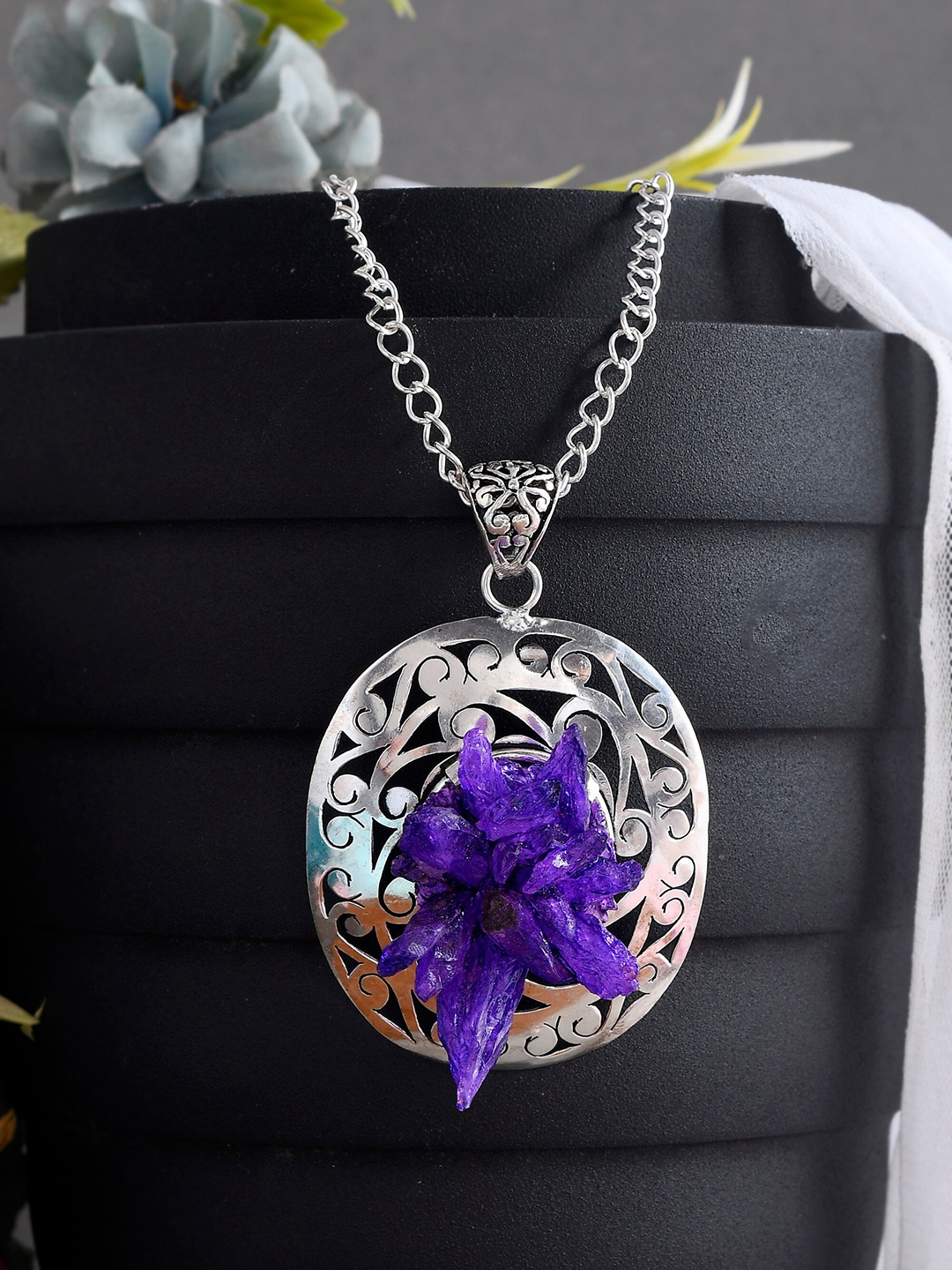 

DASTOOR Silver-Plated Blue Stone Studded Pendant