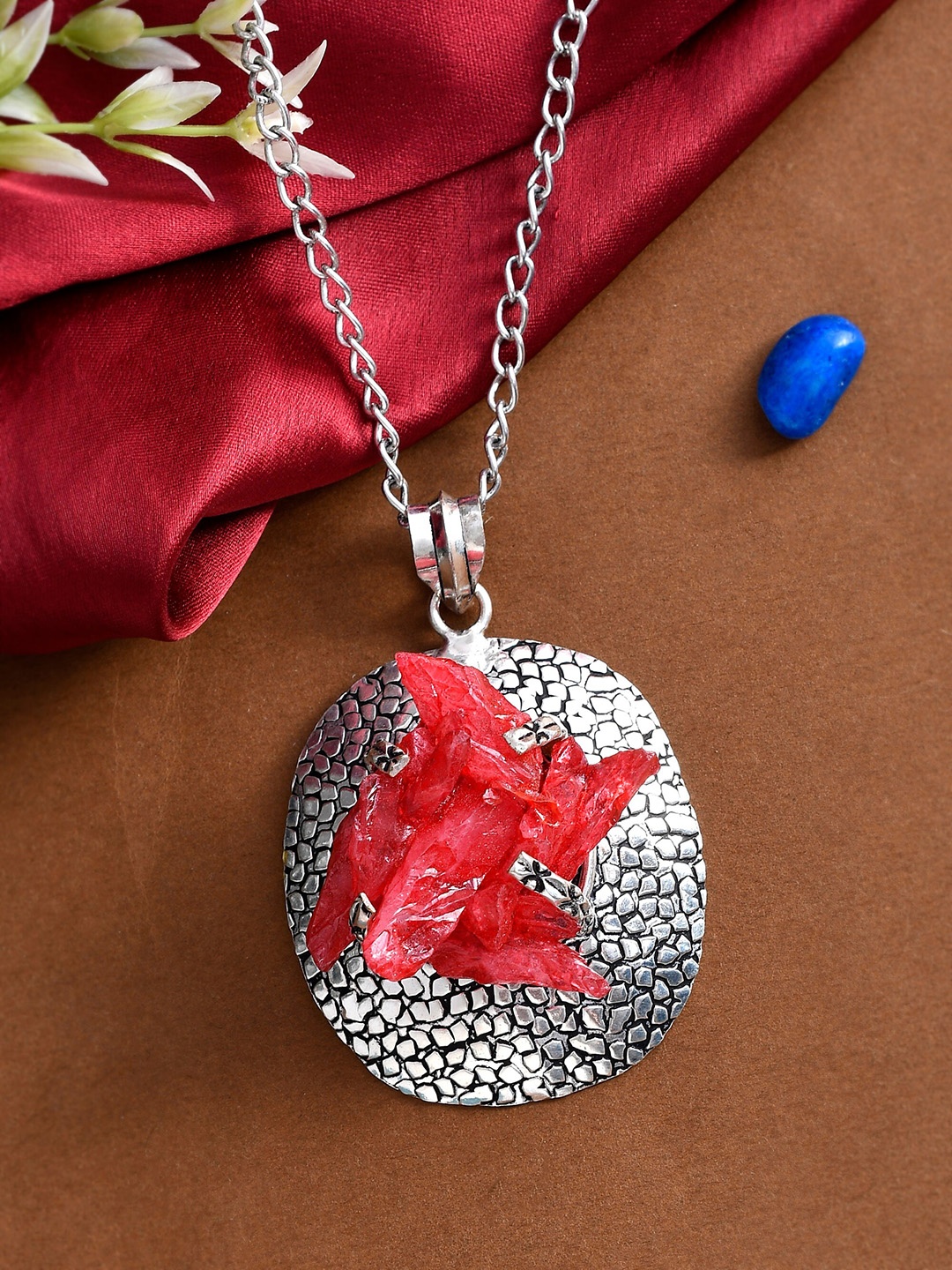 

DASTOOR Silver-Plated & Red Stone-Studded Pendant With Chain