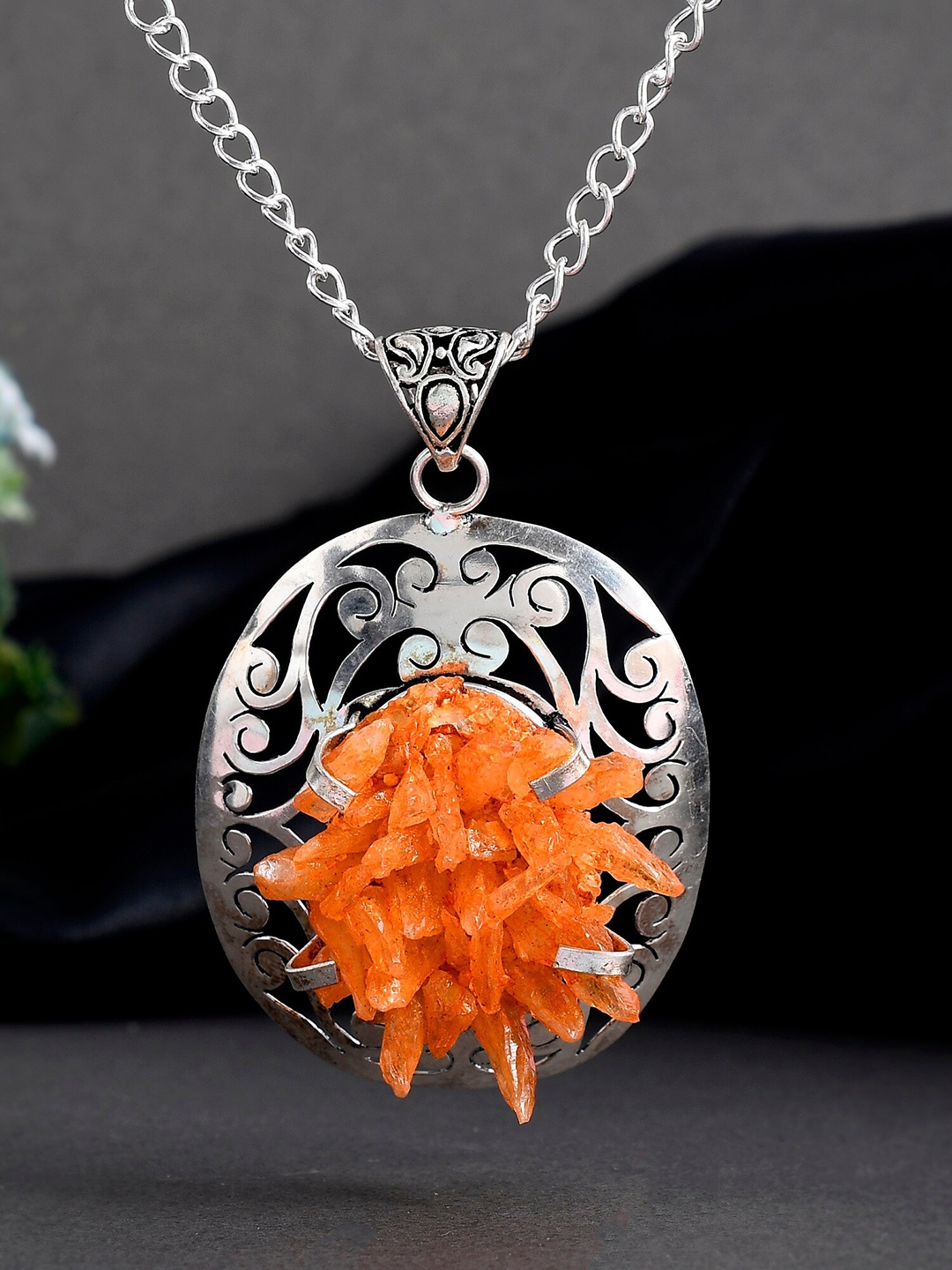 

DASTOOR Silver-Plated & Orange Stone-Studded Pendant With Chain