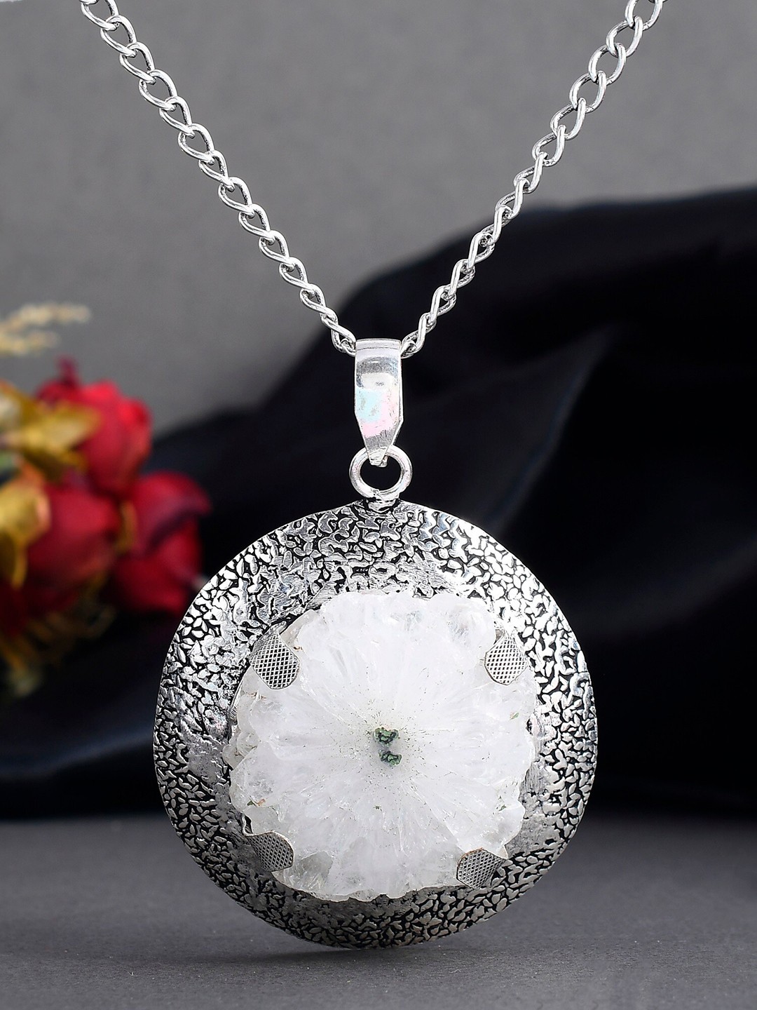 

DASTOOR Silver-Plated White Stone-Studded Pendant