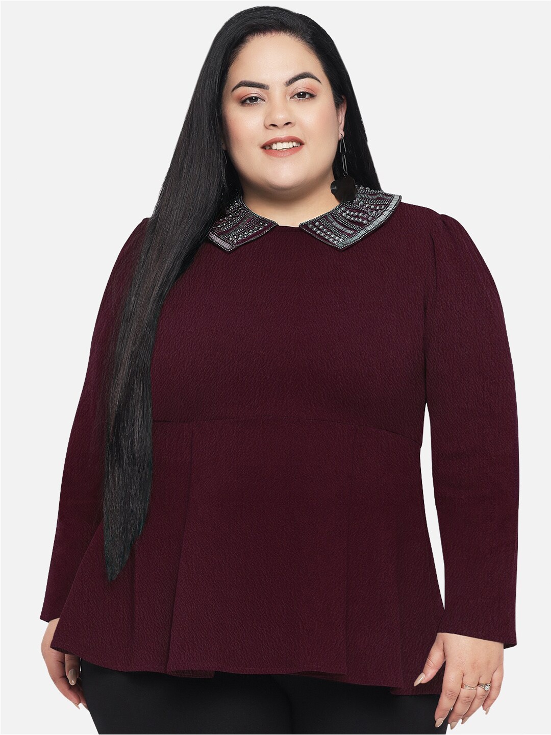 

wild U Women Plus Size Burgundy Jewel Neck Scuba Top