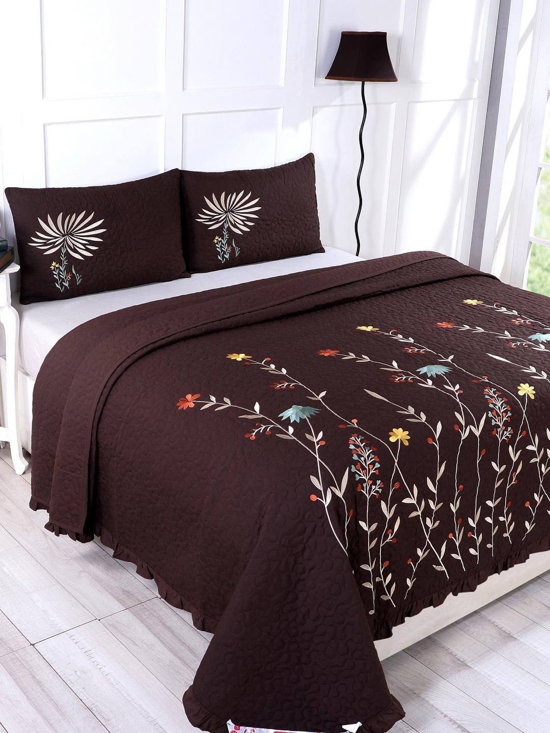

A Homes Grace Coffee Brown Ethnic Motifs Embroidered Bed Cover With 2 Pillow Covers