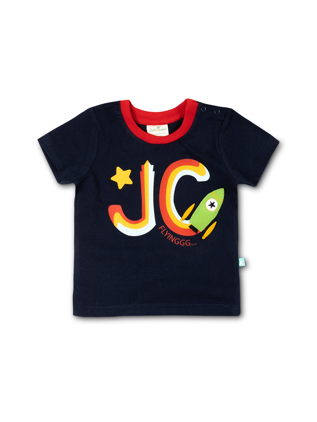 

JusCubs Boys Navy Blue Pure Cotton Typography Printed Applique T-shirt