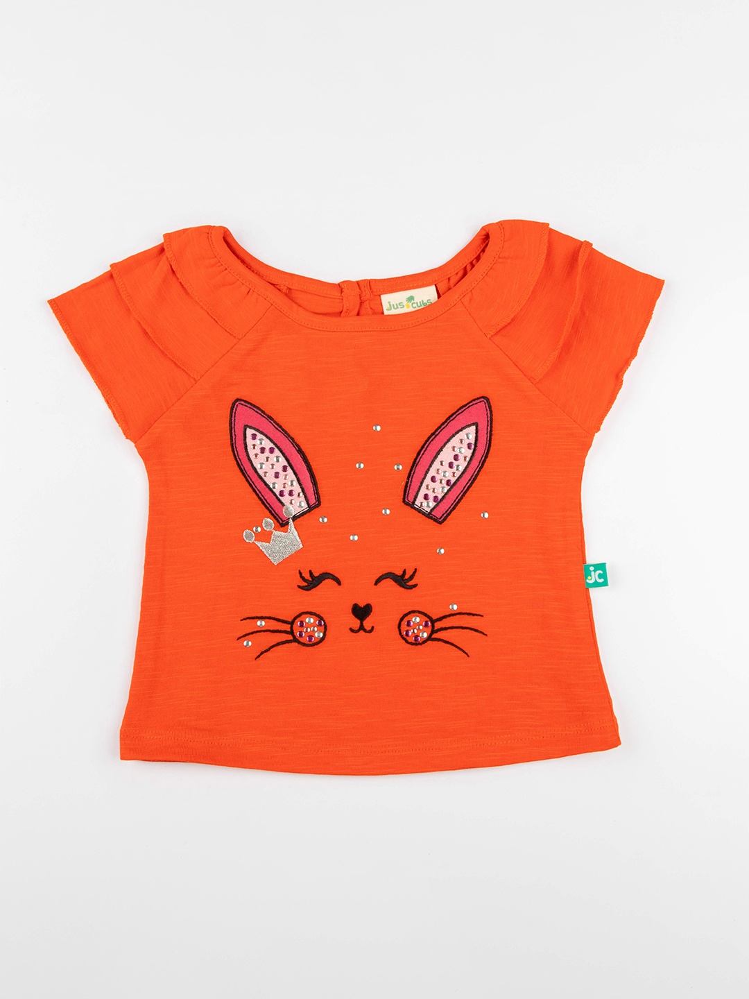 JusCubs Girls Orange Typography Printed Extended Sleeves Applique T-shirt