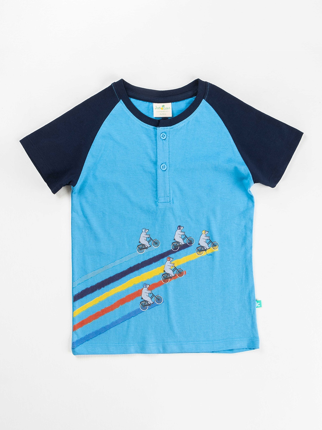 

JusCubs Boys Blue Printed Henley Neck Applique T-shirt