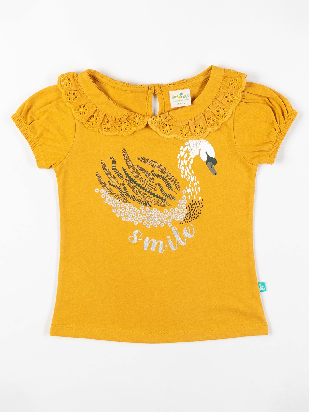 

JusCubs Girls Mustard Yellow Printed Peter Pan Collar Puff Sleeves Cotton T-shirt