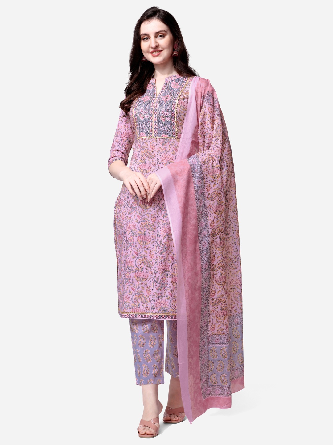 

MIRCHI FASHION Women Pink Floral Printed Gotta Patti Pure Cotton Kurta with Trousers & With Dupatta