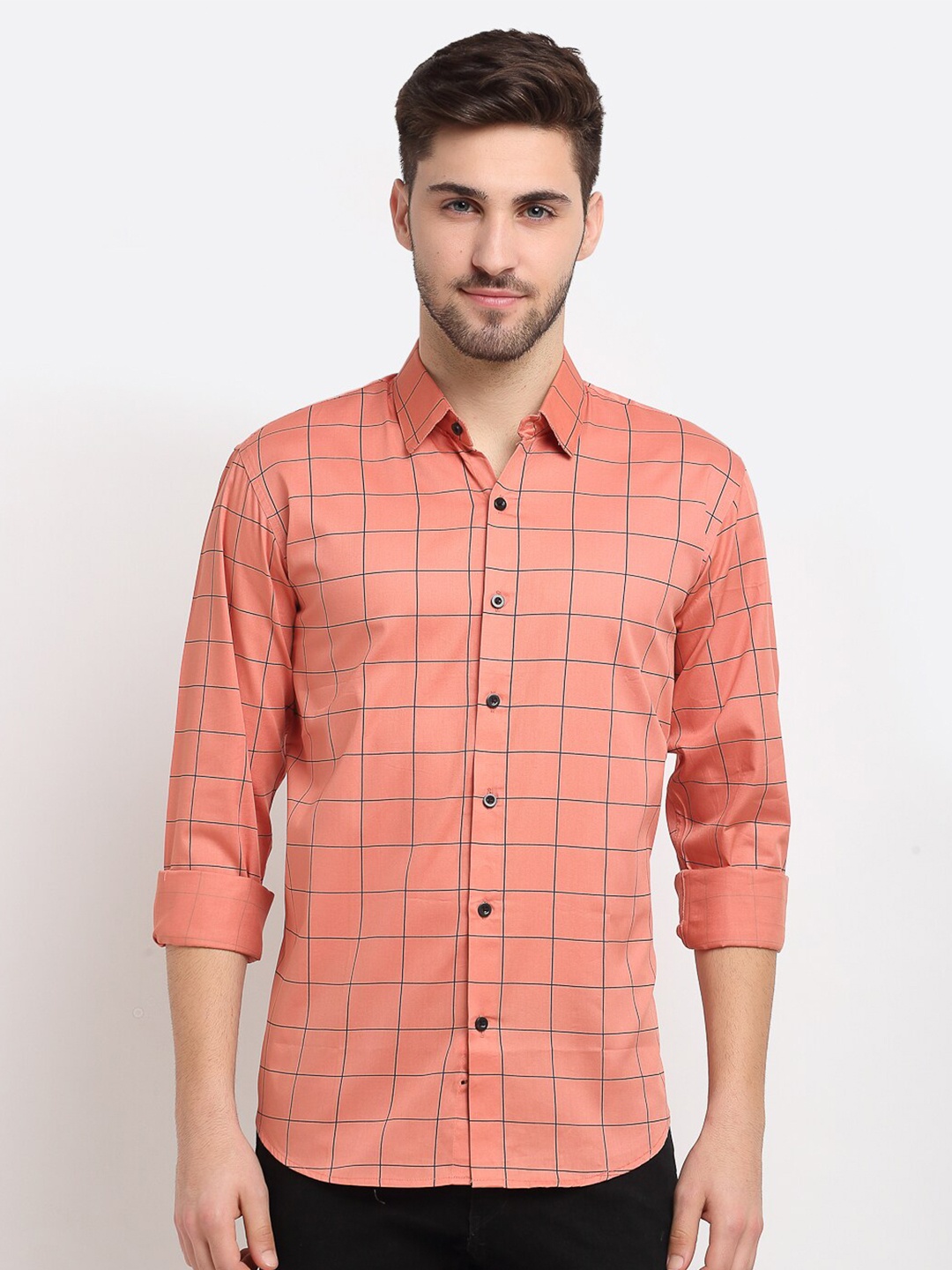 

JAINISH Men Classic Windowpane Checked Cotton Casual Shirt, Orange