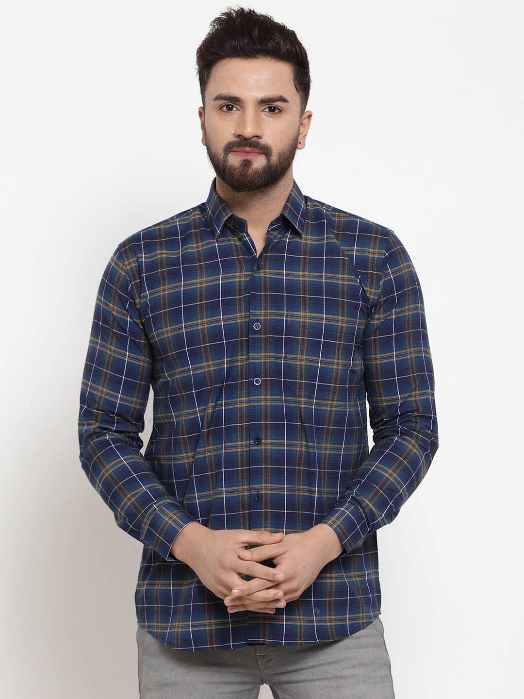 

JAINISH Men Navy Blue Classic Regular Fit Tartan Checked Cotton Casual Shirt