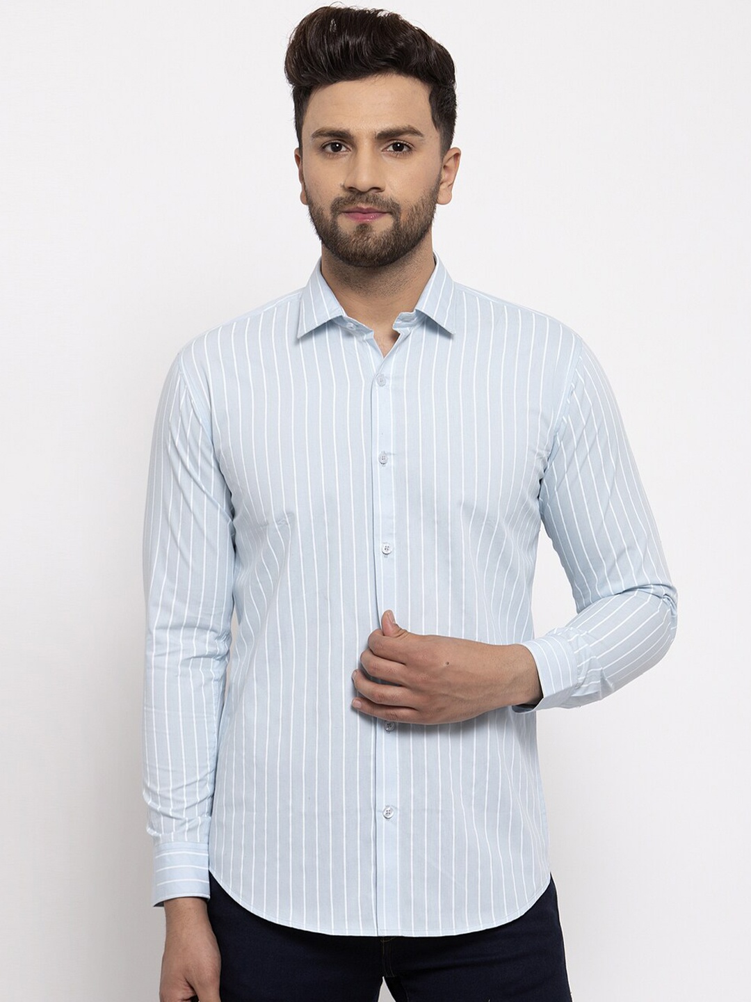 

JAINISH Men Blue Classic Striped Pure Cotton Casual Shirt