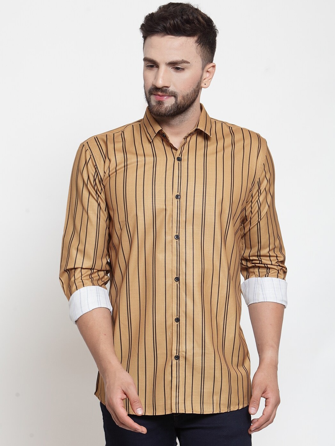 

JAINISH Classic Regular Fit Striped Cotton Casual Shirt, Mustard