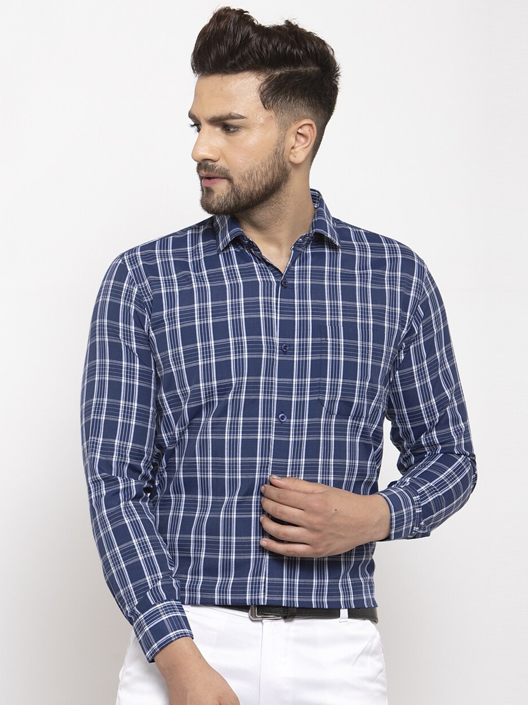 

JAINISH Men Blue Classic Regular Fit Tartan Checked Cotton Formal Shirt