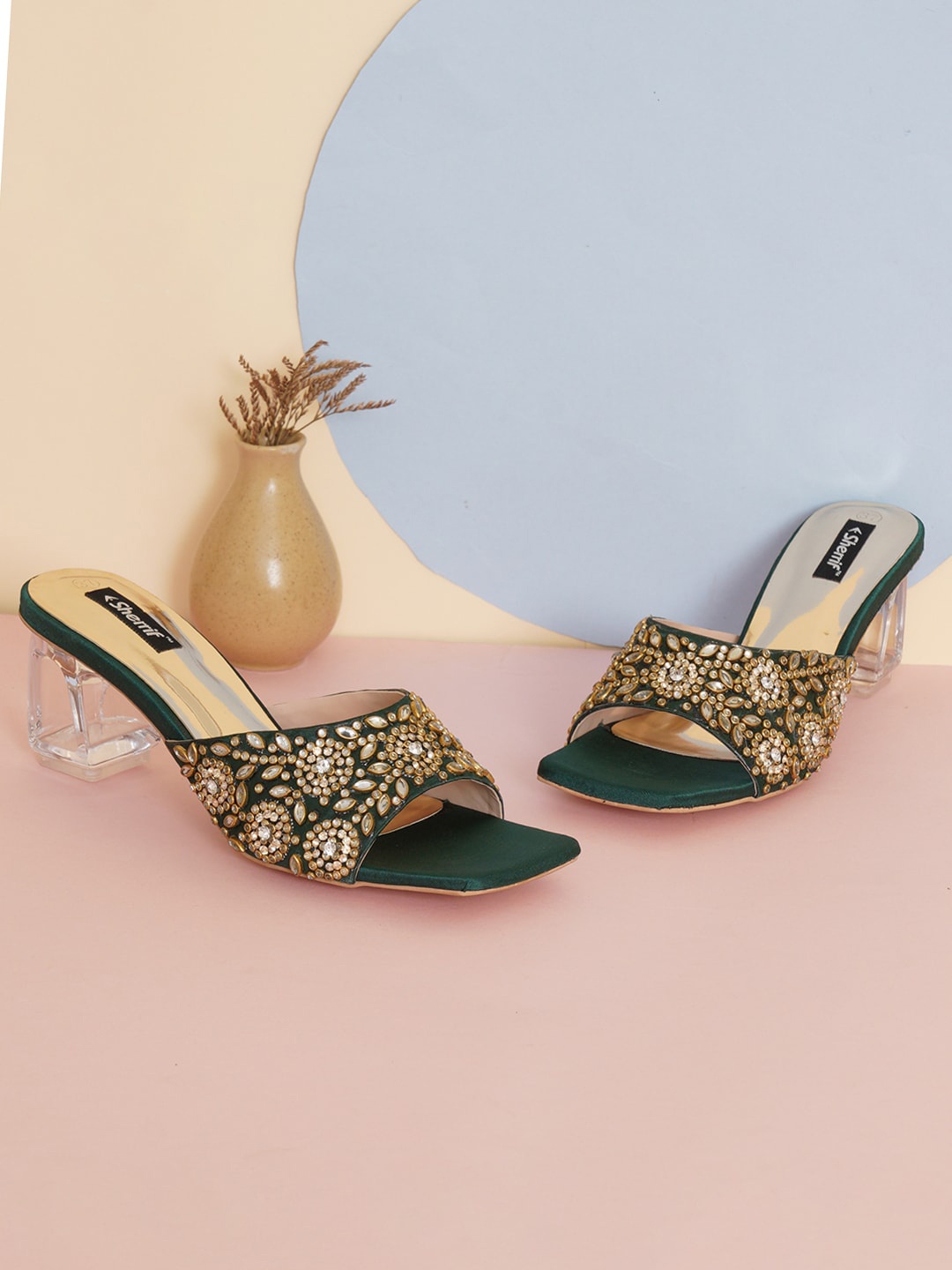 

Sherrif Shoes Women Green Embellished Party Block Mules