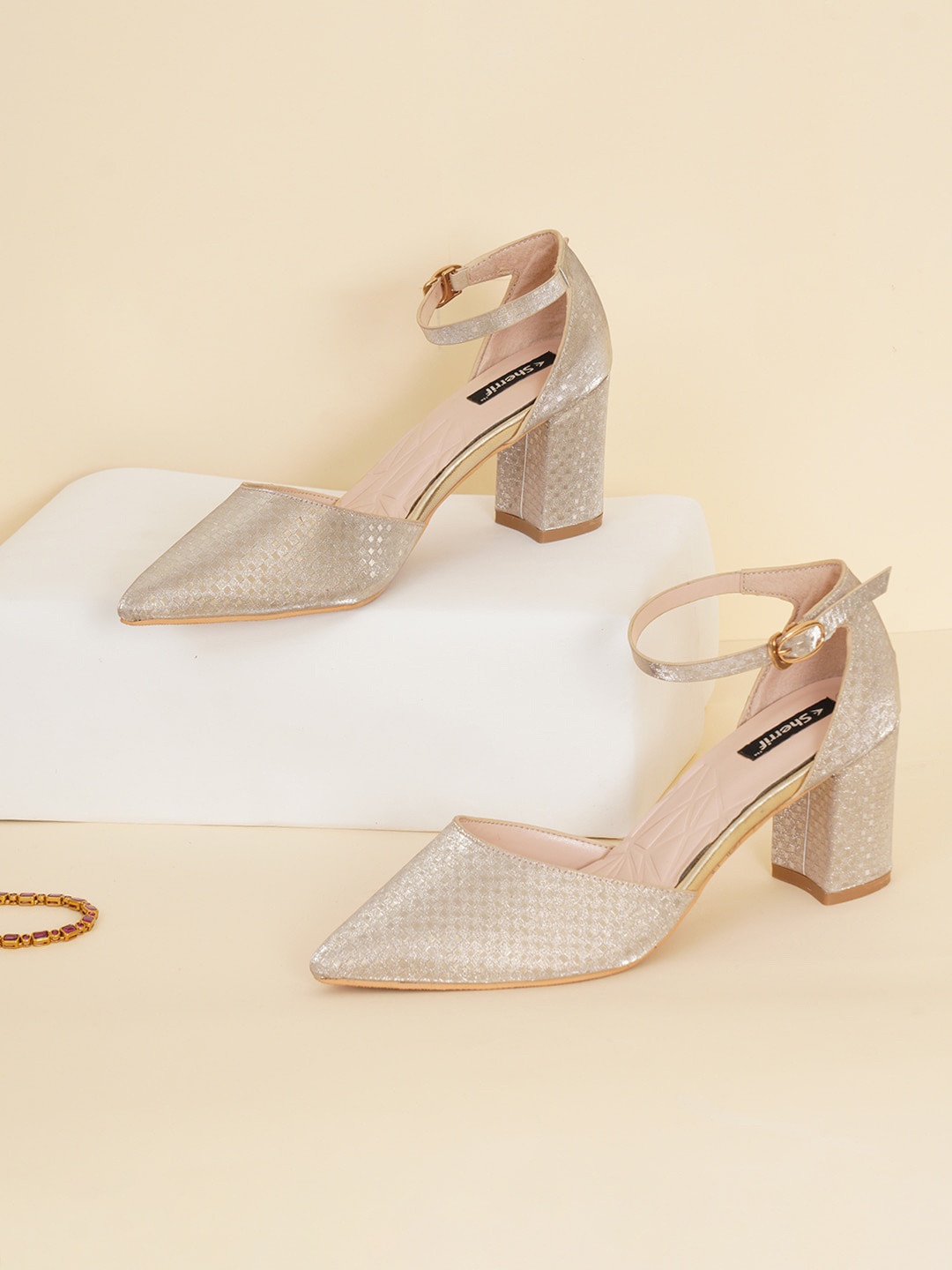 

Sherrif Shoes Gold-Toned Embellished Party Block Pumps Heels with Buckles
