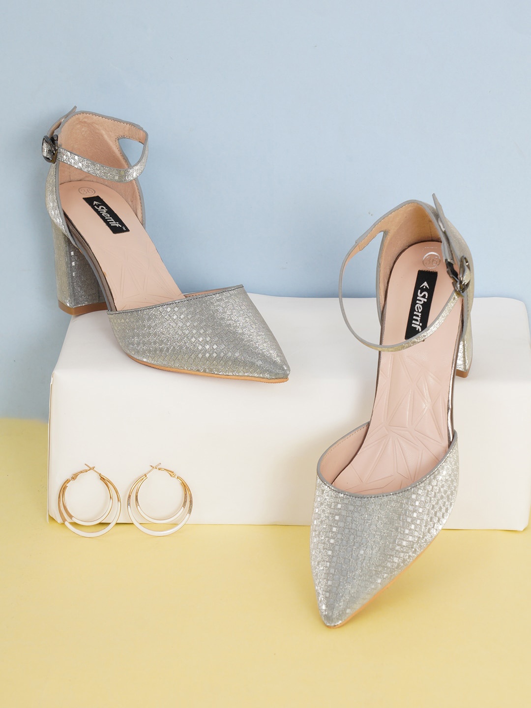 

Sherrif Shoes Women Silver-Toned Textured Party Block Pumps