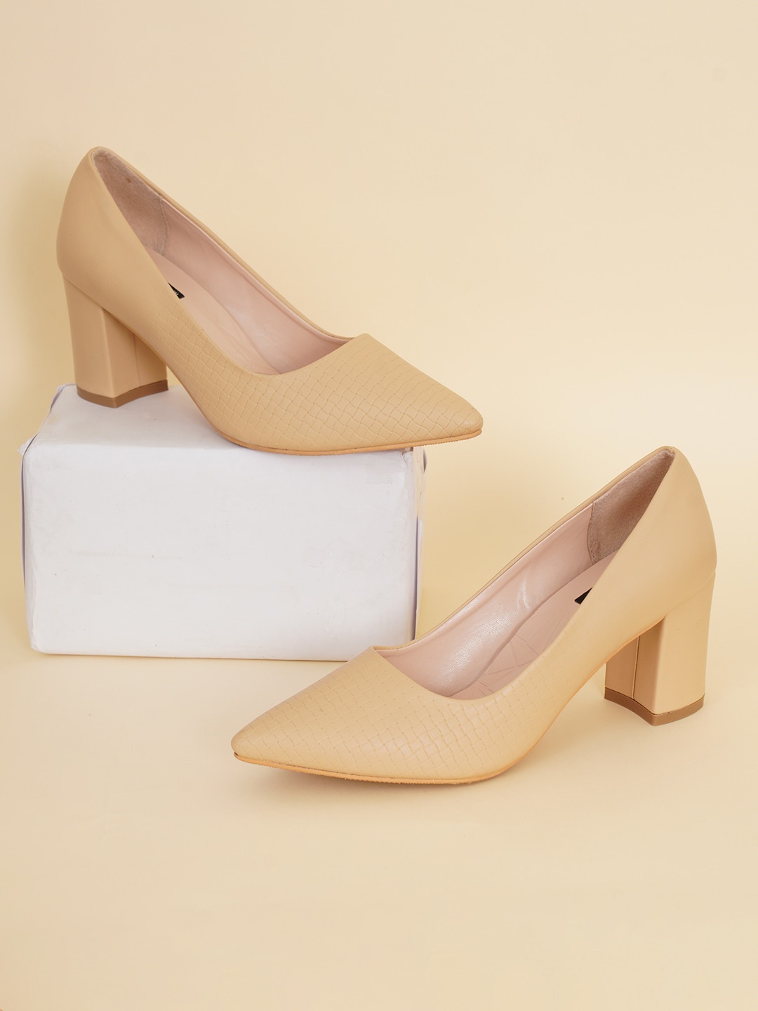 

Sherrif Shoes Beige Textured Block Pumps Heels