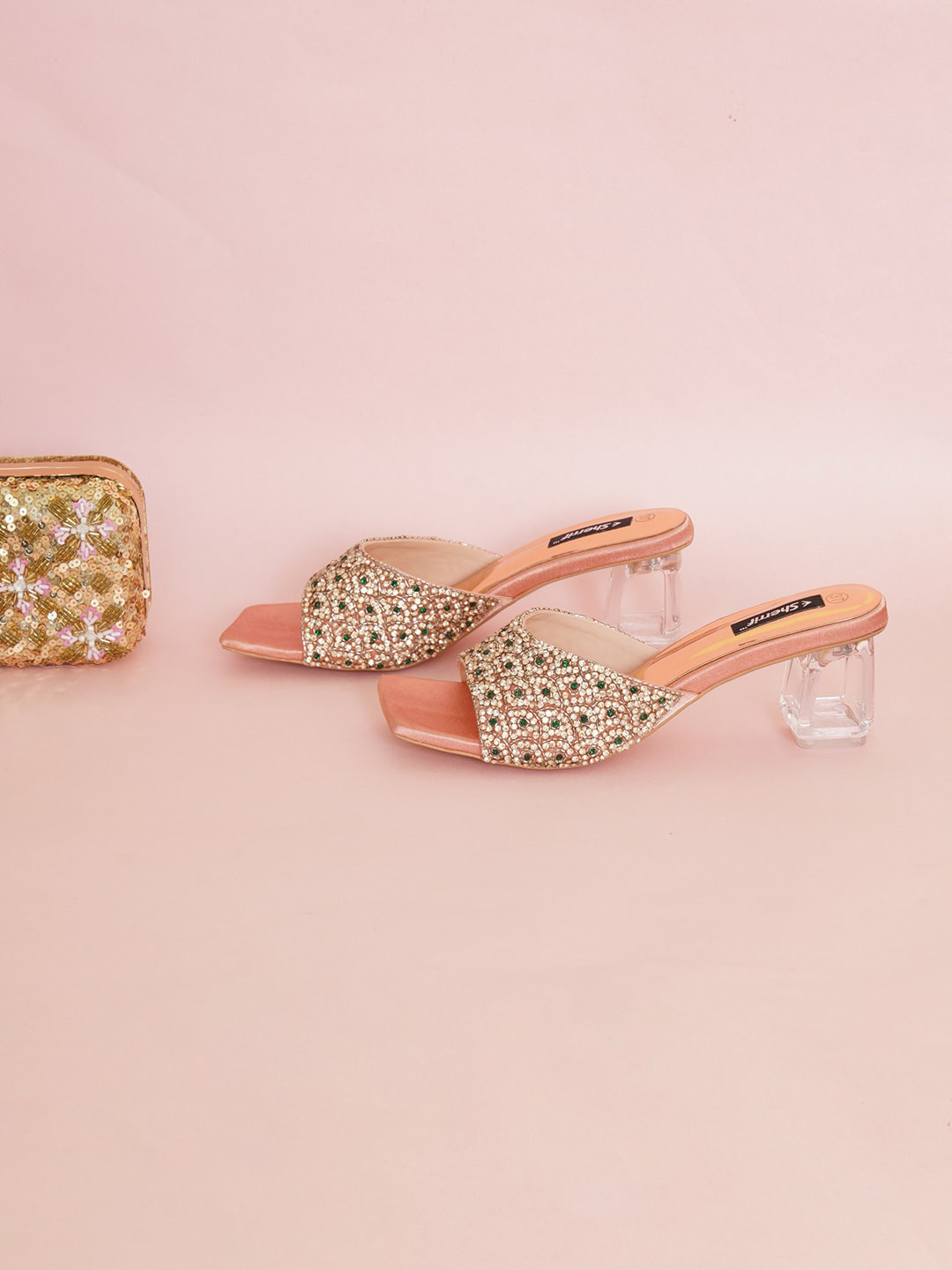 

Sherrif Shoes Rose Gold Embellished Ethnic Block Heels