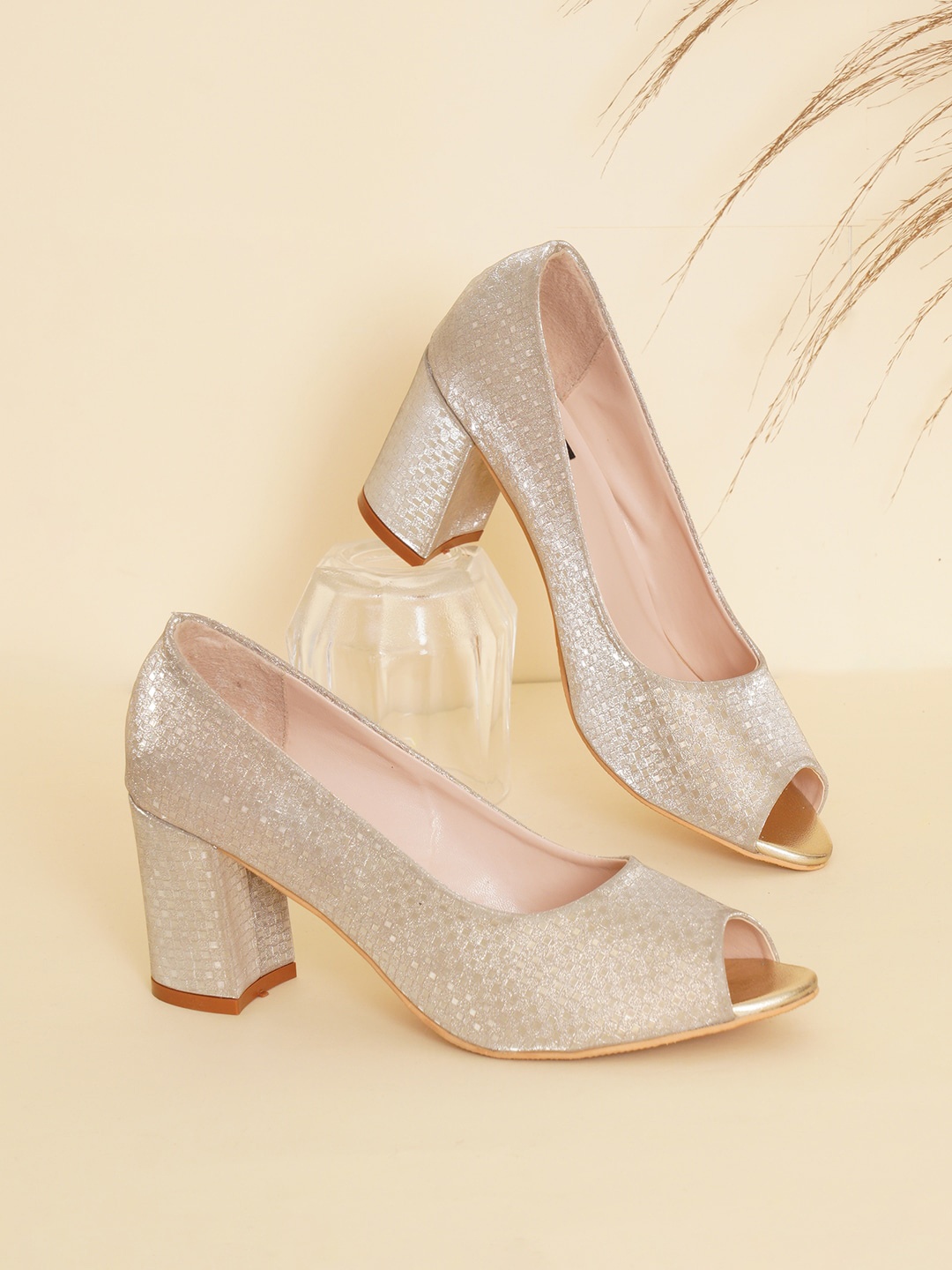 

Sherrif Shoes Women Gold-Toned Textured Party Block Peep Toes
