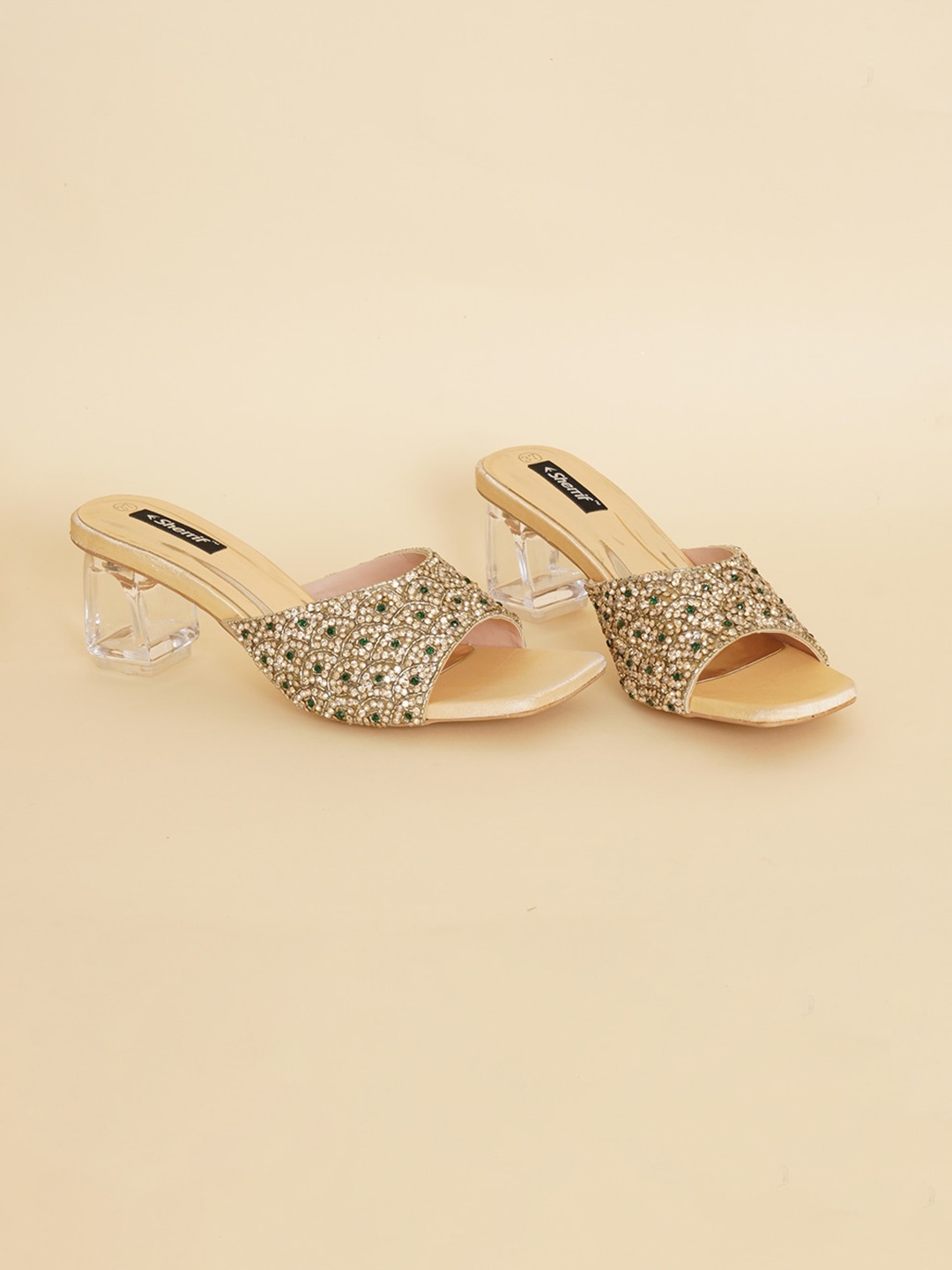 

Sherrif Shoes Women Gold-Toned Embellished Party Block Mules