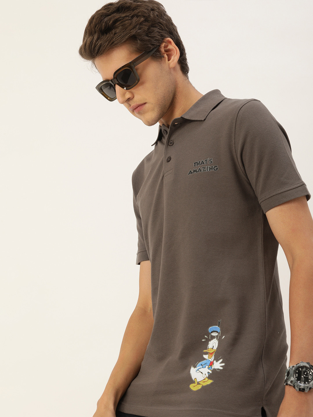 

Kook N Keech Disney Men Taupe Donald Duck Print Polo Collar Pure Cotton T-shirt
