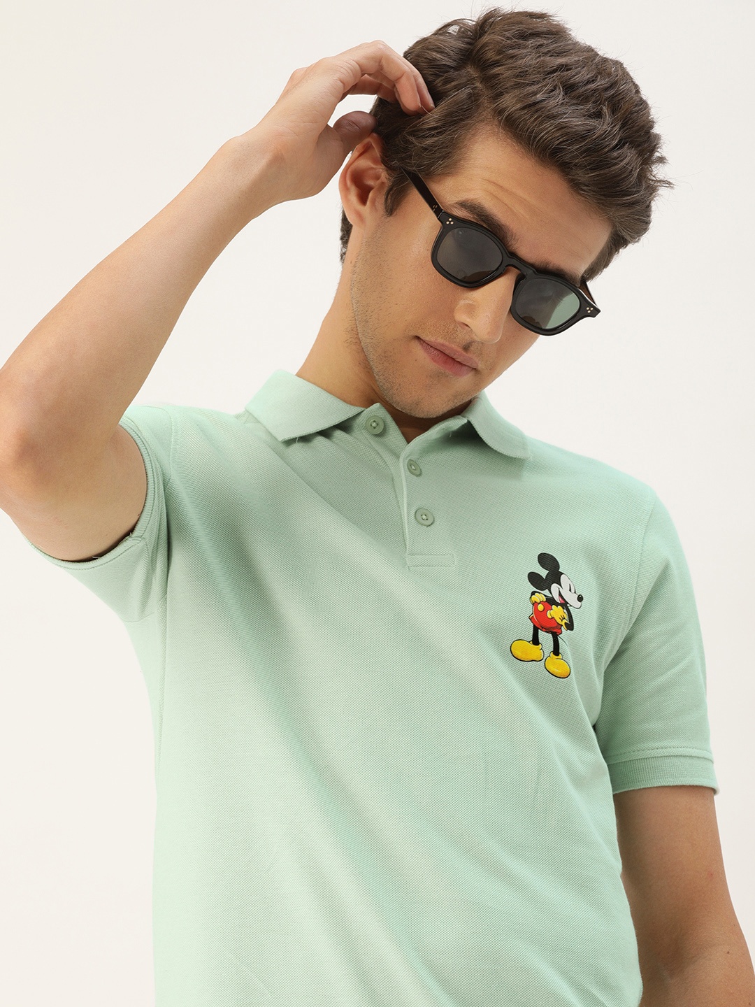 

Kook N Keech Disney Men Mint Green Mickey Mouse Print Polo Collar Pure Cotton T-shirt, Sea green