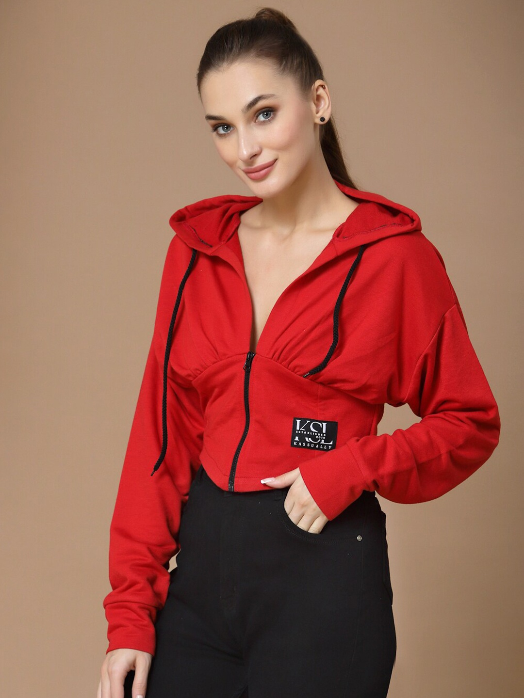 

KASSUALLY Women Red Hooded Cotton Fitted Sweatshirt