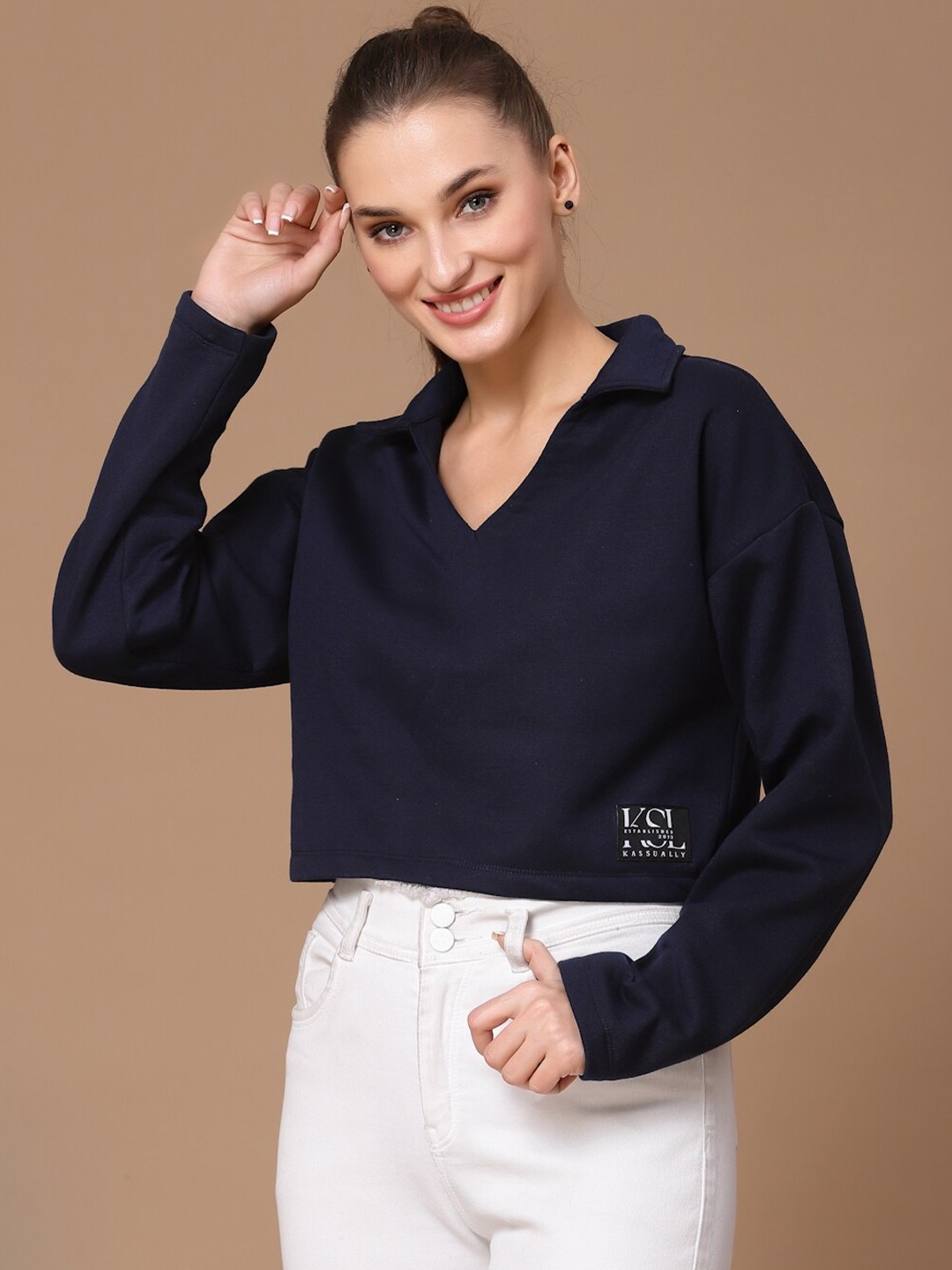 

KASSUALLY Women Navy Blue Shirt Collar Cotton Crop Sweatshirt