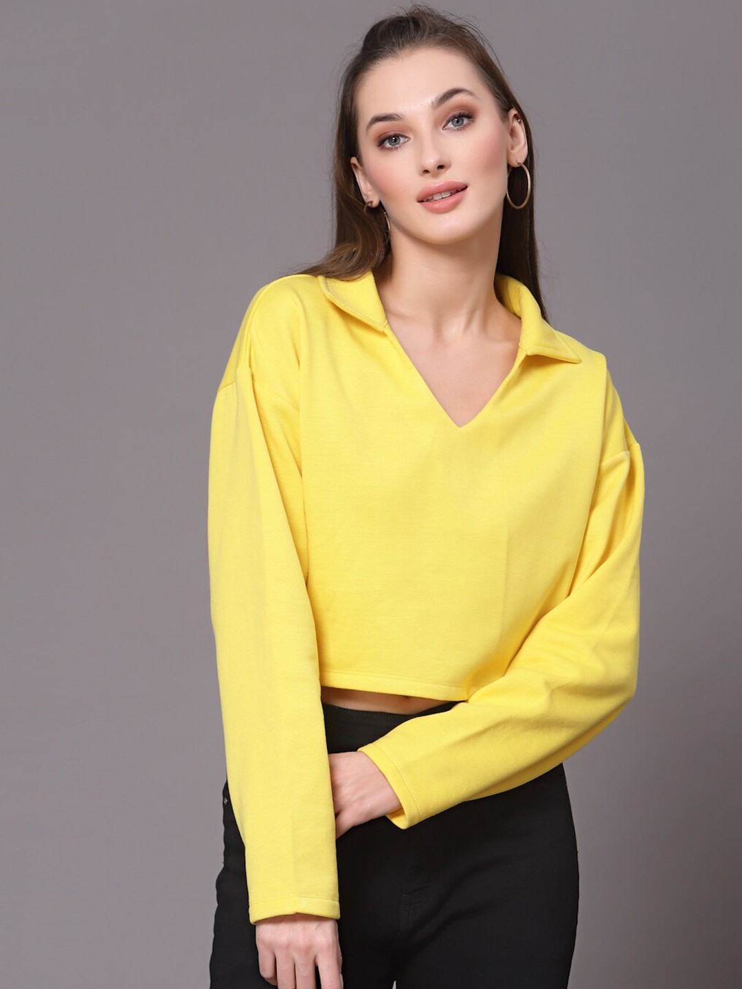 

KASSUALLY Women Yellow Shirt Collar Crop Cotton Sweatshirt