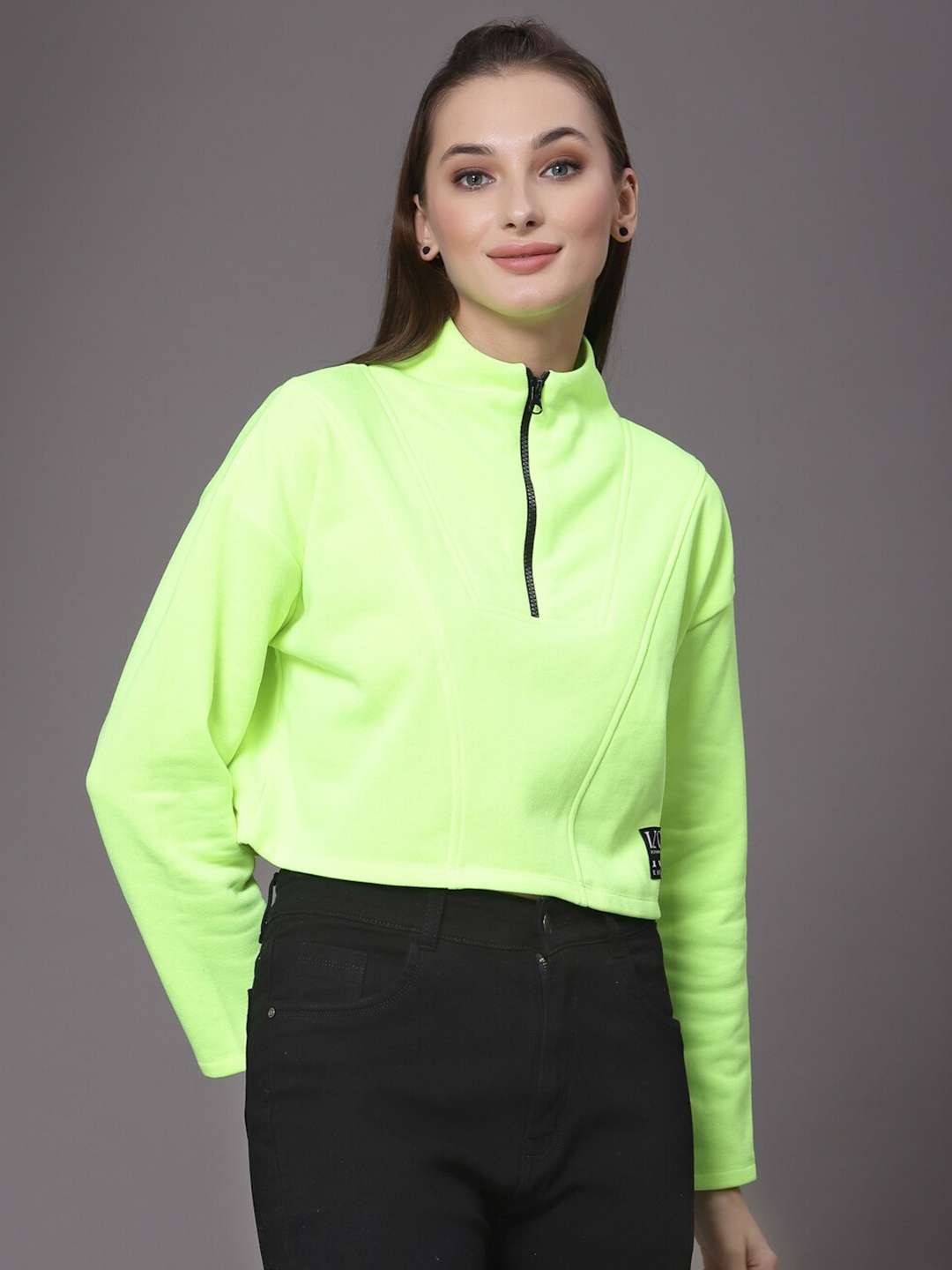 

KASSUALLY Women Green Loose Boxy Fit High Neck Cotton Sweatshirt