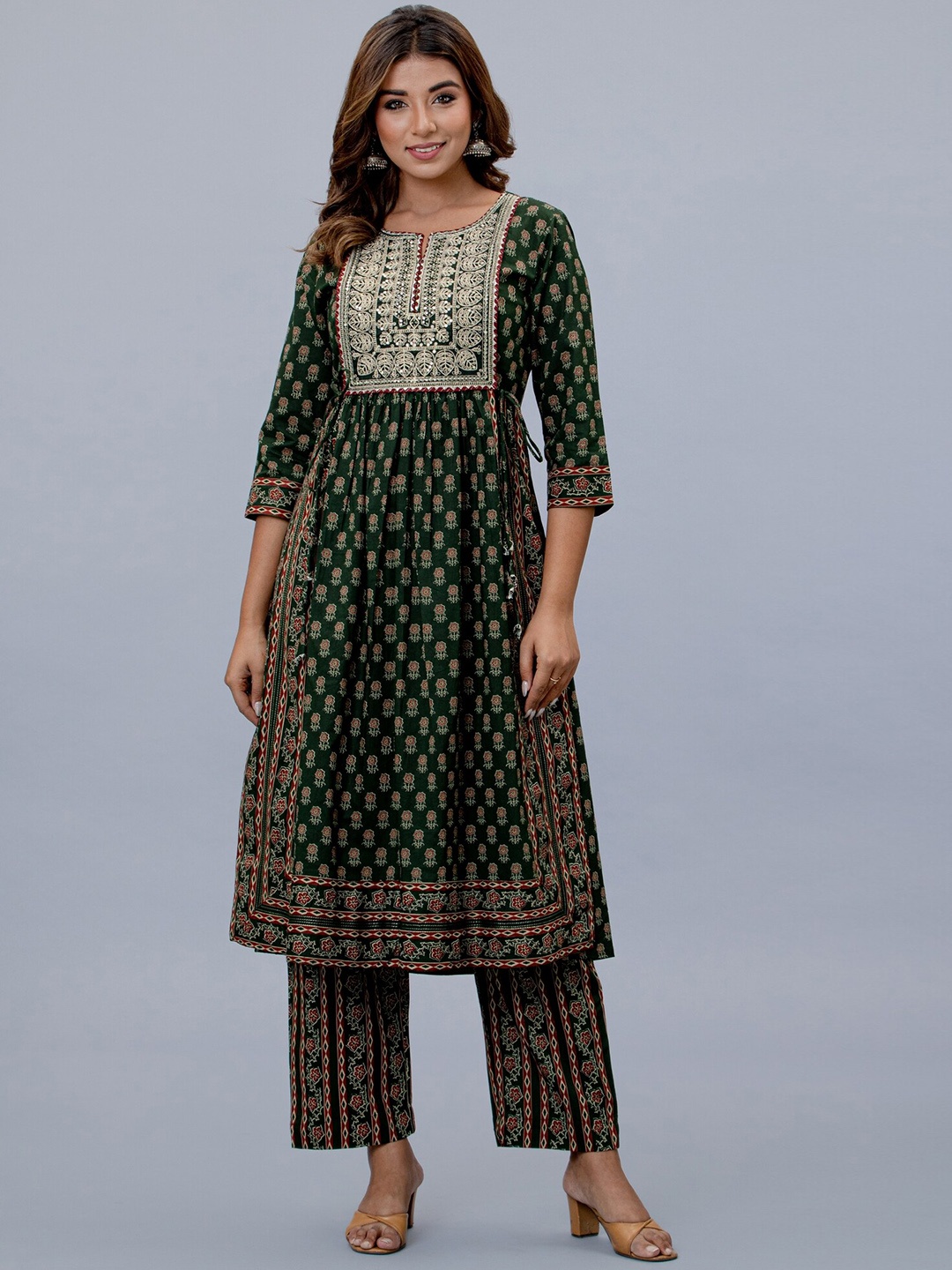 

EtnicaWear Women Green Floral Printed Thread Work Pure Cotton Kurta with Trousers & With Dupatta