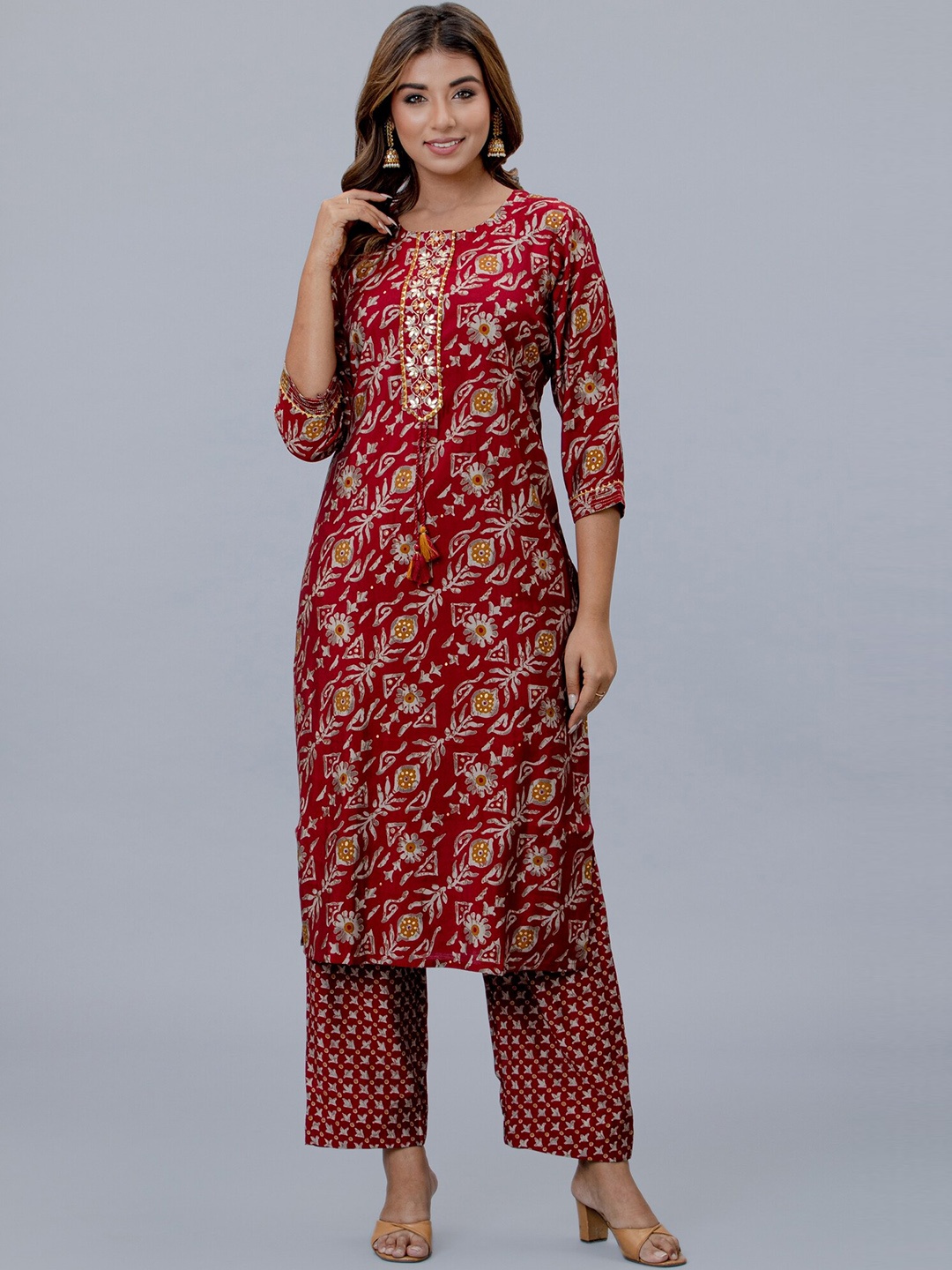 

EtnicaWear Women Maroon Ethnic Motifs Printed Thread Work Pure Cotton Kurta with Pyjamas