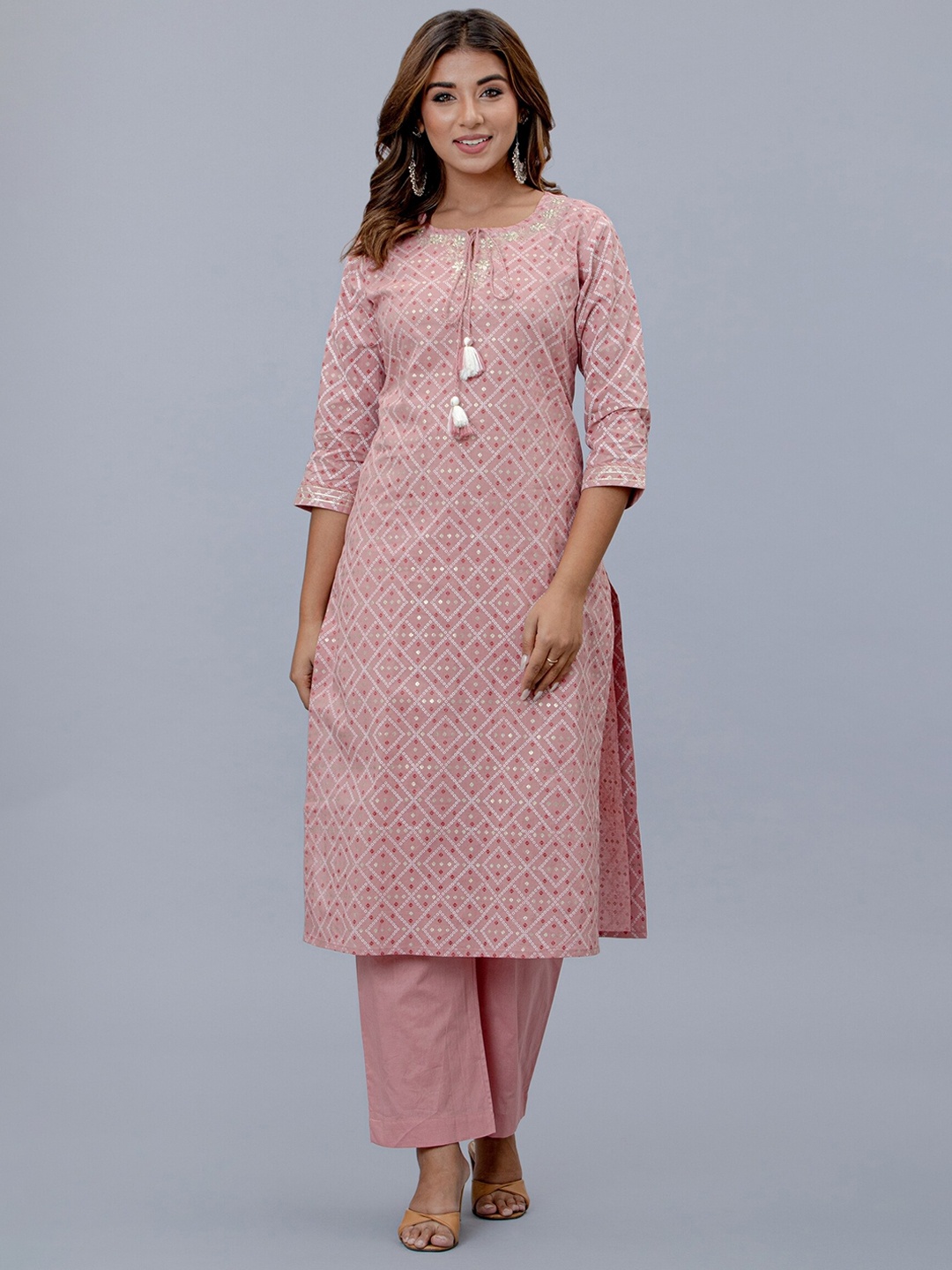 

EtnicaWear Women Pink Printed Thread Work Pure Cotton Kurta with Palazzo