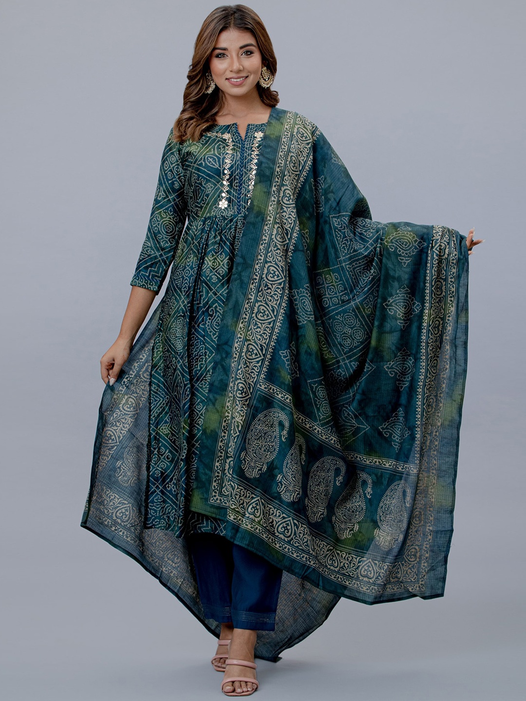

EtnicaWear Women Blue Printed Beads and Stones Pure Cotton Kurta & Trouser with Dupatta