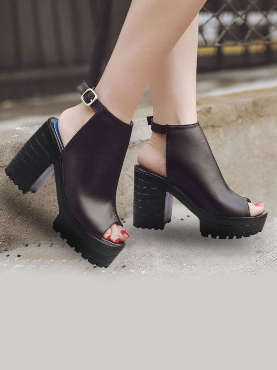 

Shoetopia Women Black Printed Block Heels with Buckles