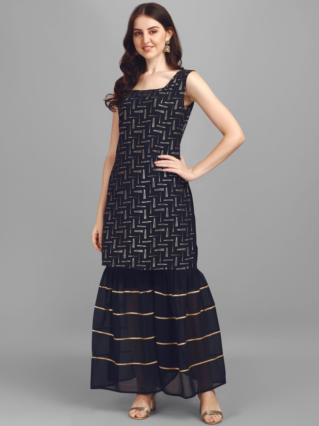 

GUFRINA Women Blue Printed Kurta with Sharara