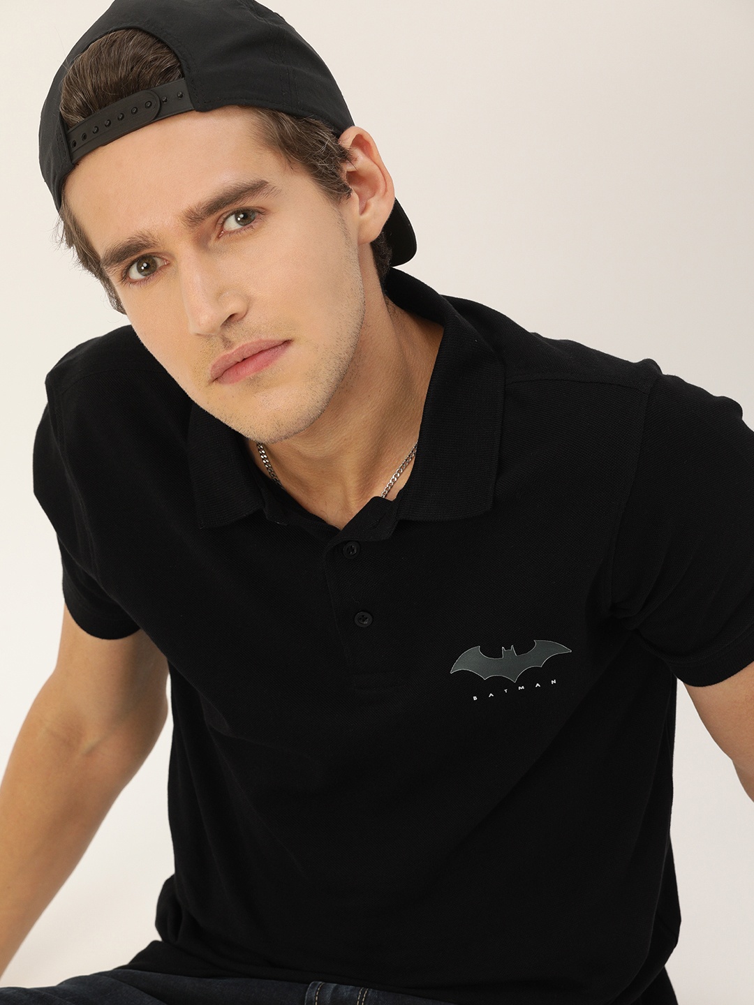 

Kook N Keech Batman Men Black Batman Print Polo Collar Pure Cotton T-shirt