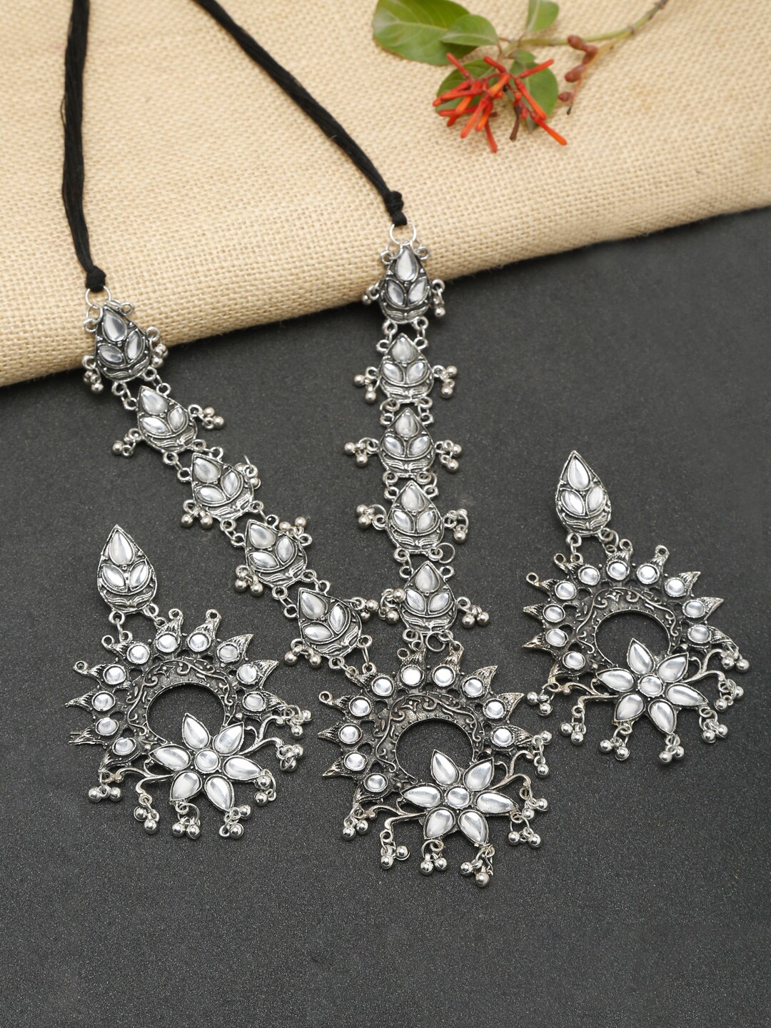 

Dhrohar Oxidised Silver-Plated Stone-Studded & Beaded Jewellery Set