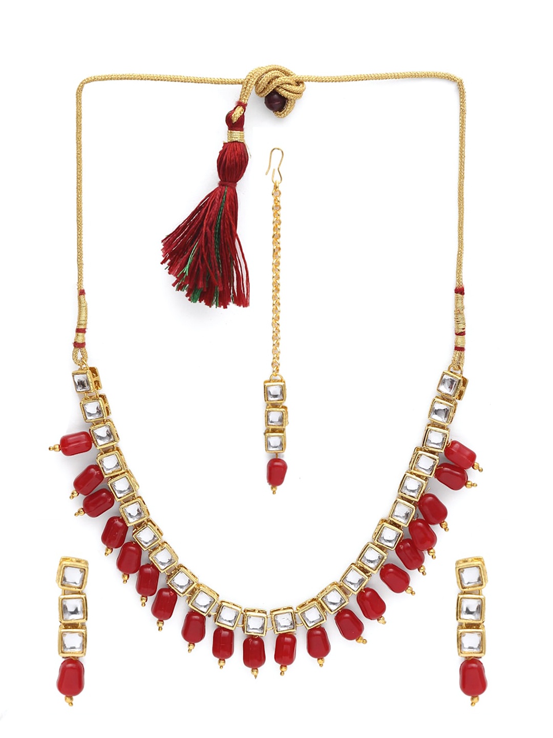 

Dhrohar Gold-Toned & Red Kundan & Beads Studded Gold-Plated Jewellery Set