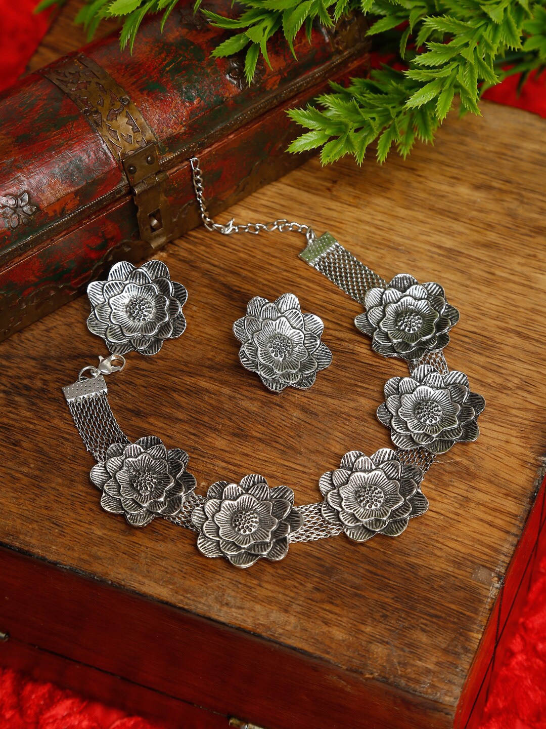 

Dhrohar Oxidised Silver-Plated Floral Jewellery Set